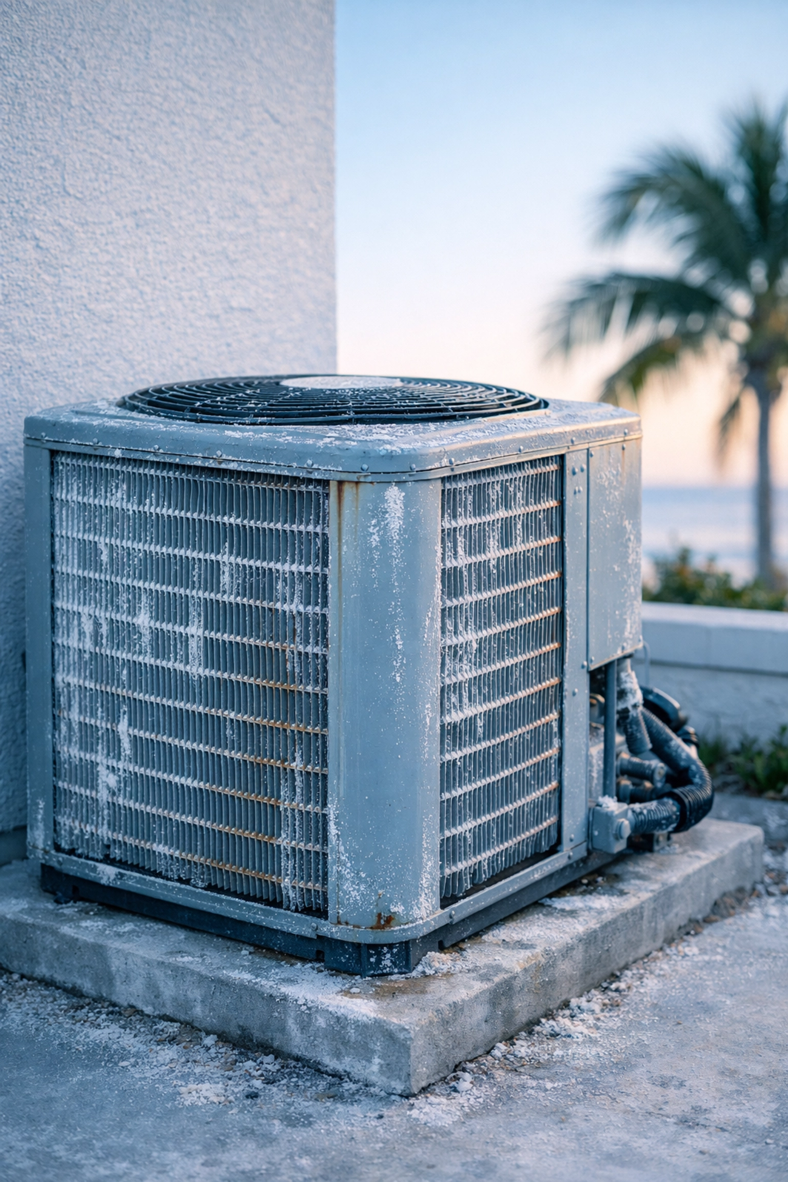Corroded HVAC unit in coastal Florida showing salt air damage and wear