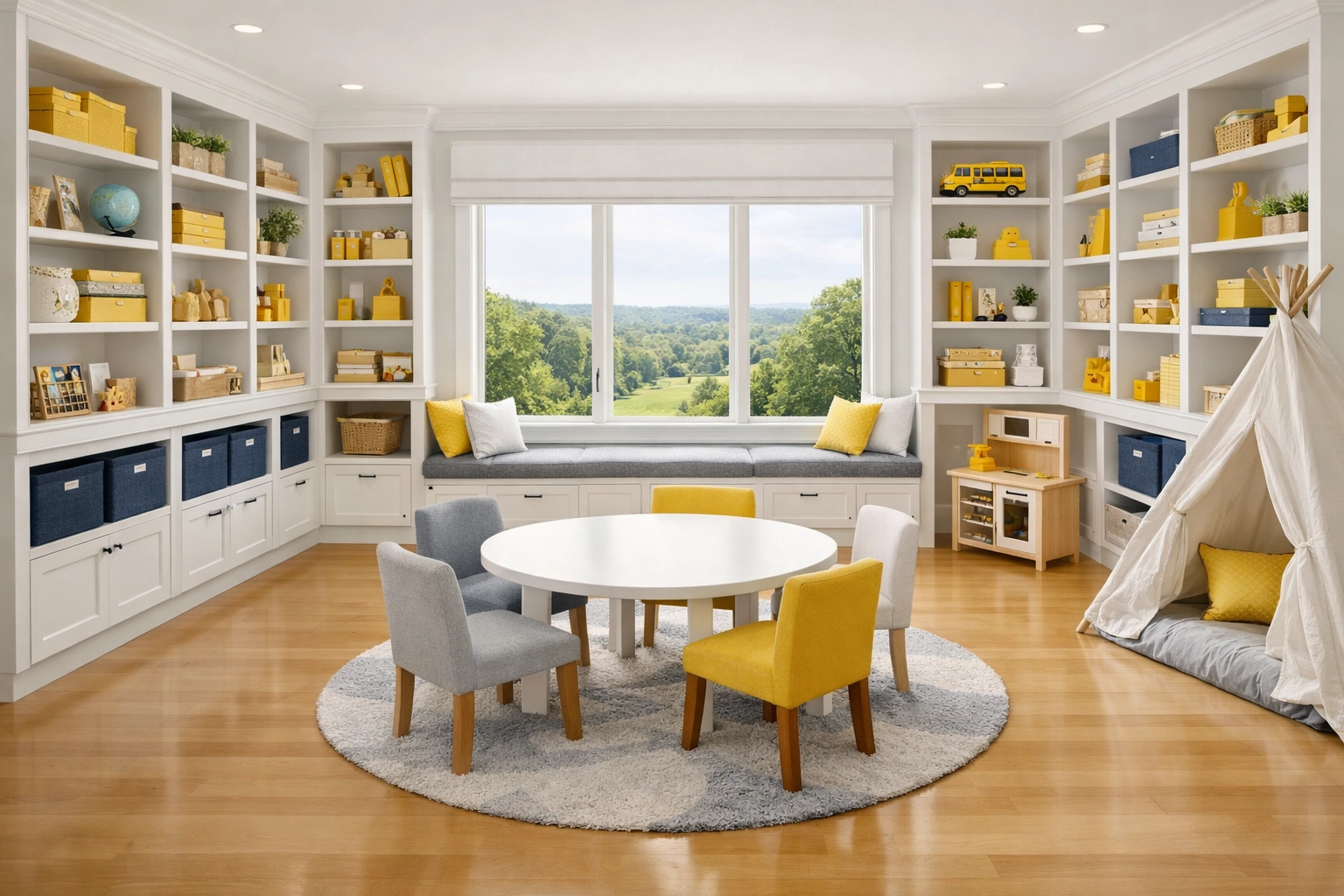 Professionally organized family playroom in Groton MA with clean floors and storage bins.