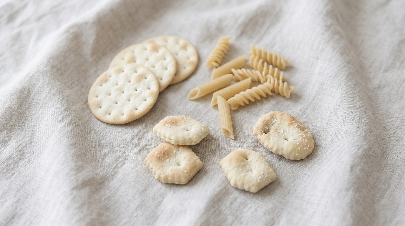 Close-up of beige and white textured foods like crackers and pasta shapes on a pale linen cloth.