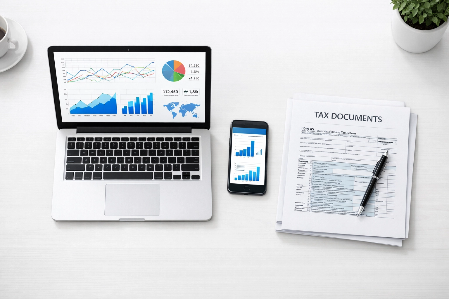 Organized tax preparation workspace with e-filing software and tax documents