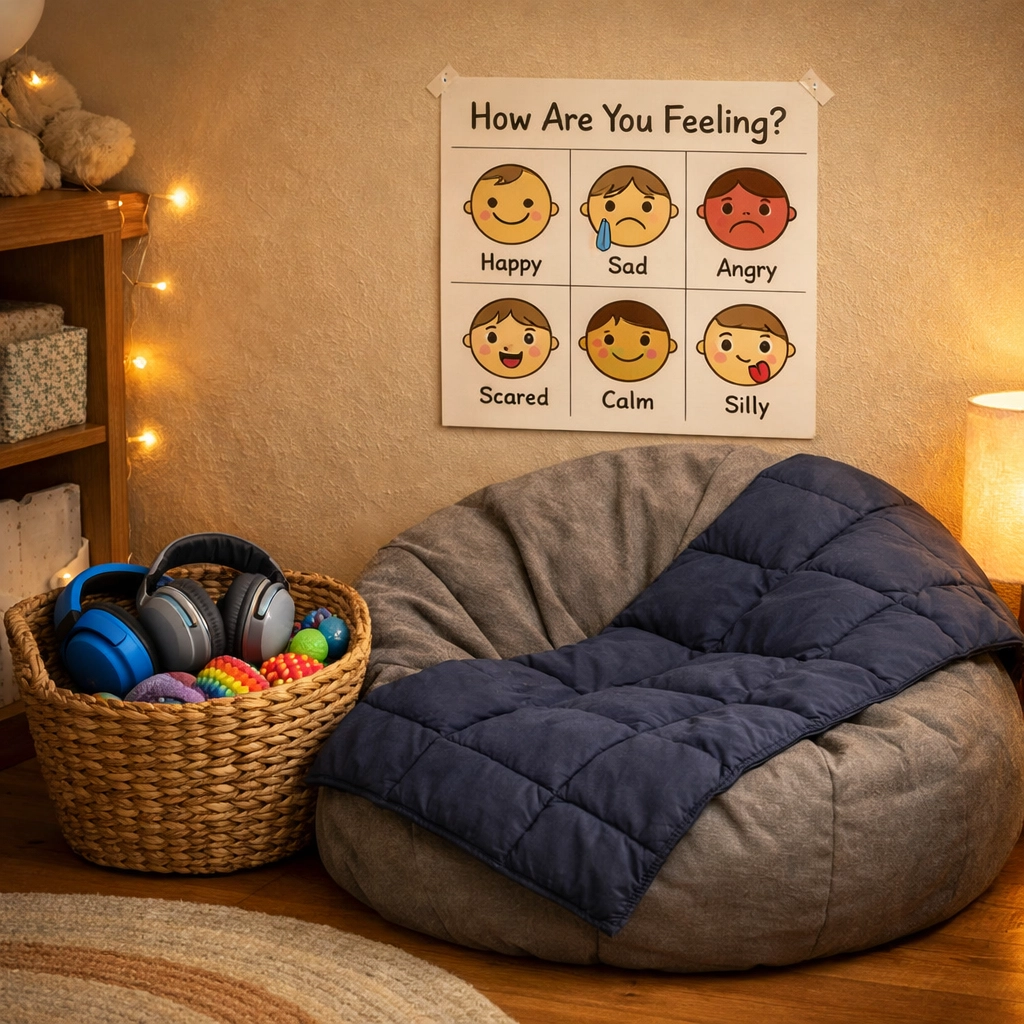 Calm-down corner with sensory tools including weighted blanket and fidgets for kids