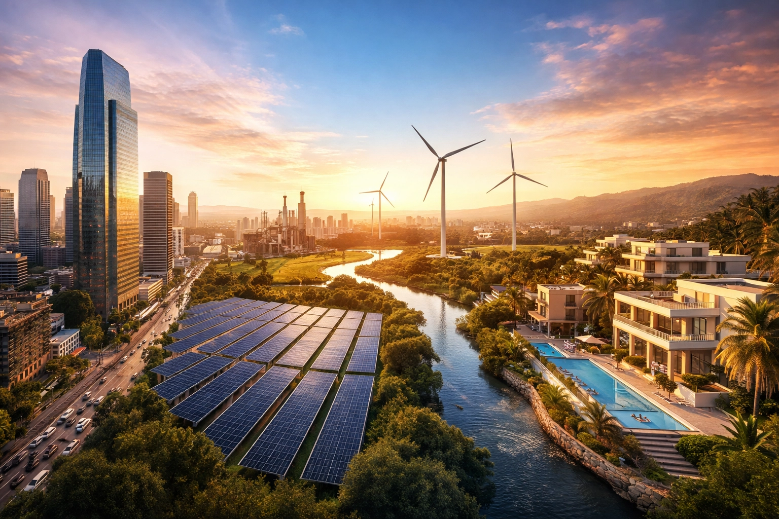 Illustration of investment landscape showcasing stocks, infrastructure, and real estate diversification