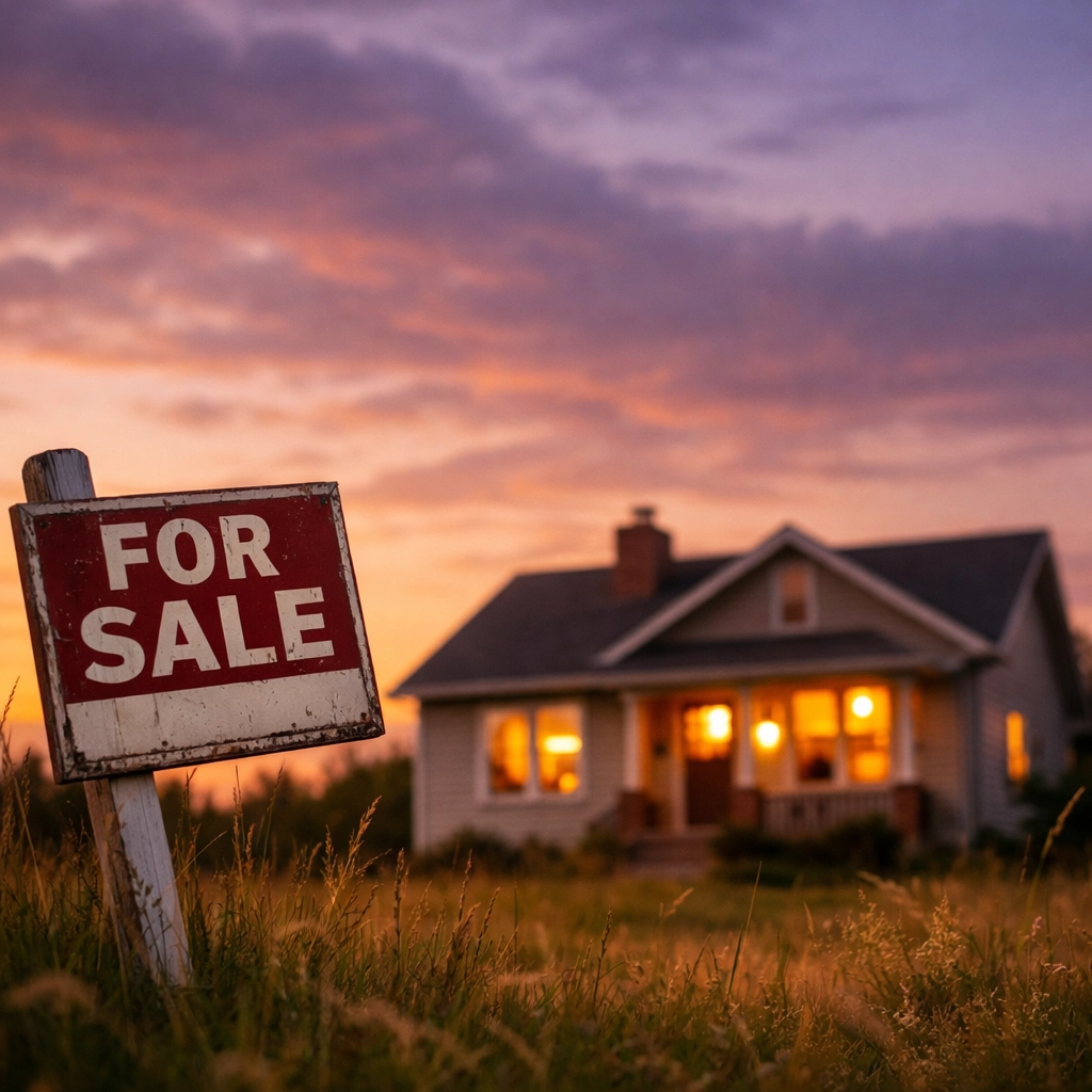 Home with for sale sign at sunset representing housing market uncertainty