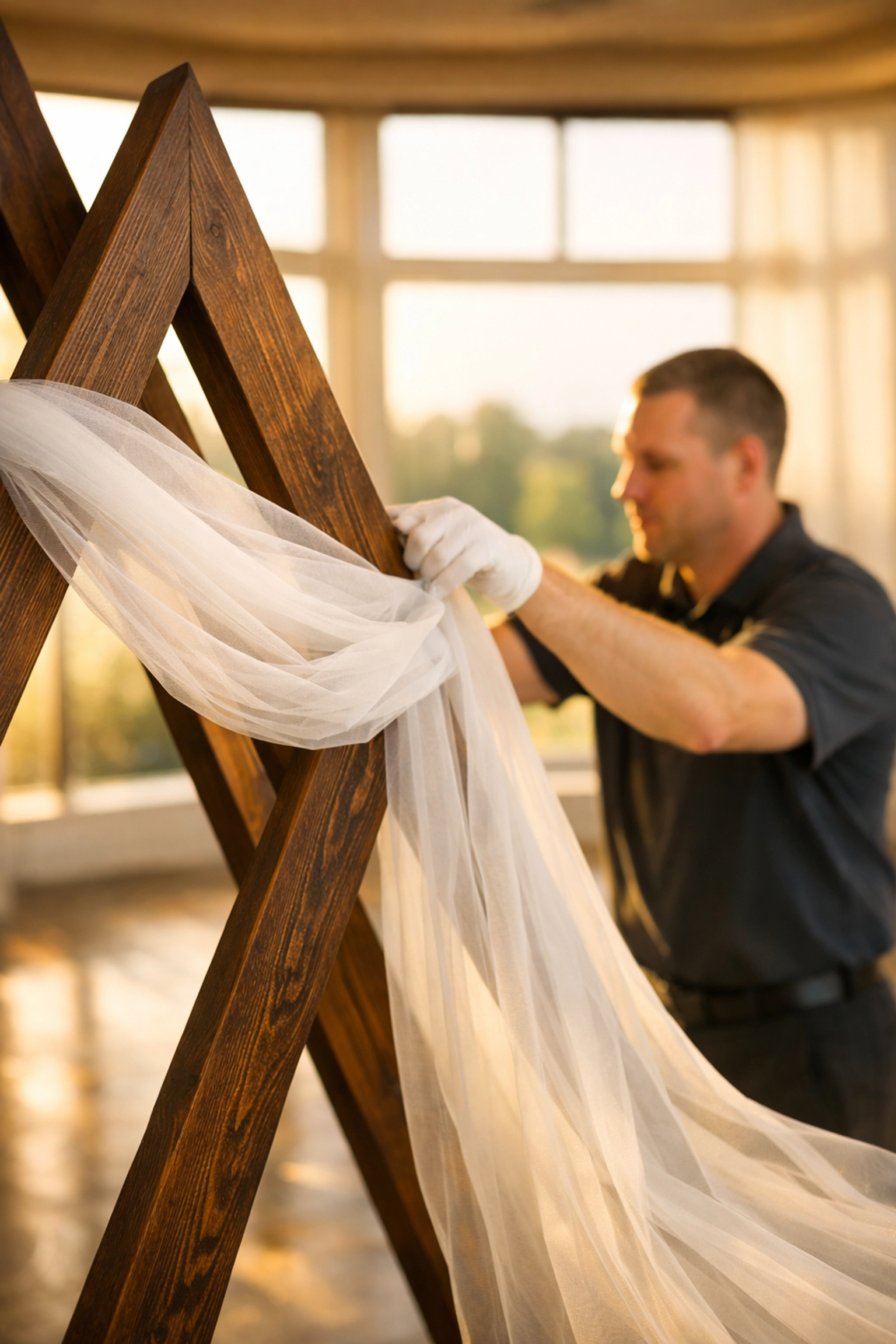 White Glove service setup of a wooden triangle wedding arch rental in Northeast Indiana in Fort Wayne.