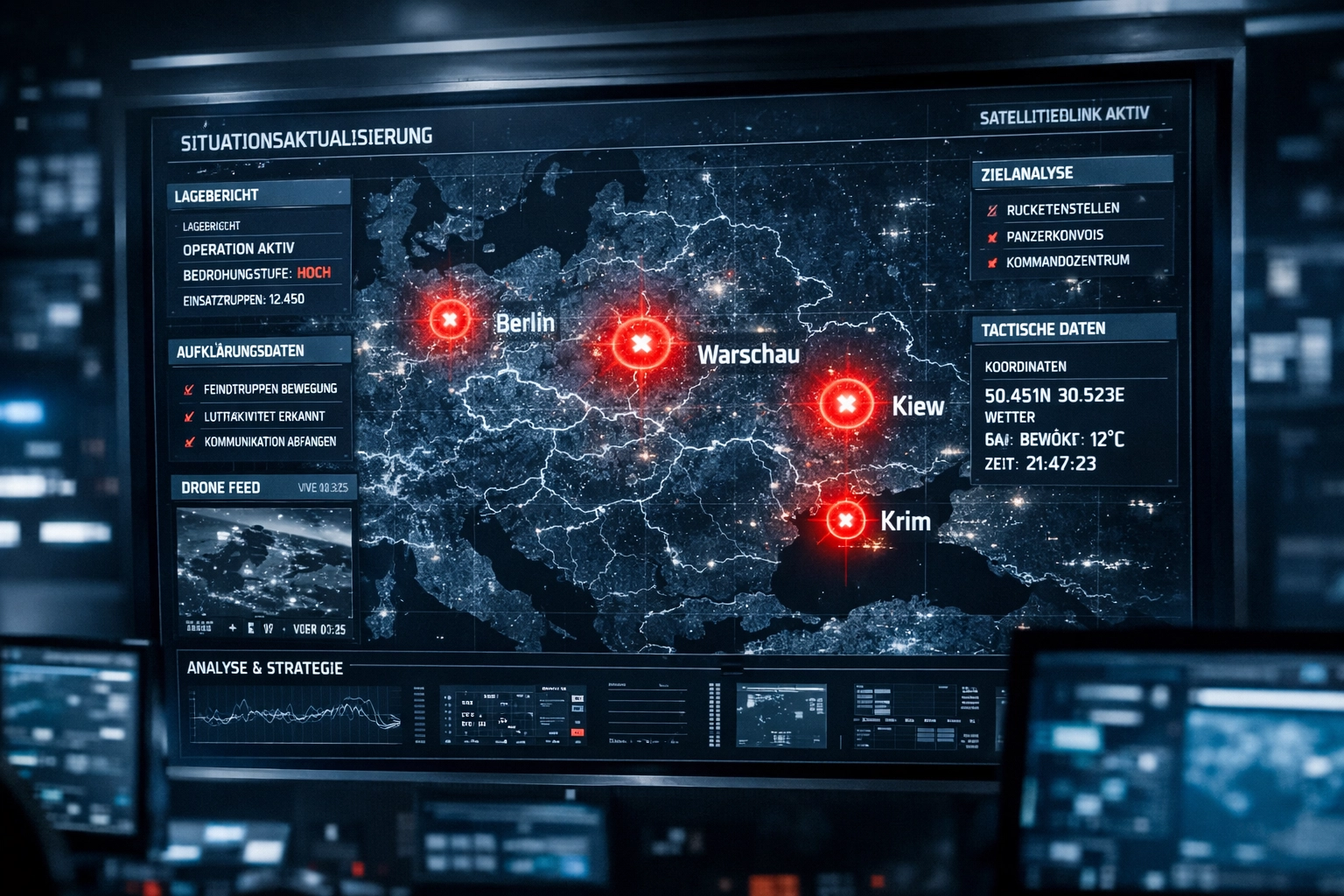 KI-gestütztes Zielerfassungssystem mit digitaler Karte und Markierungen in militärischem Kommandozentrum