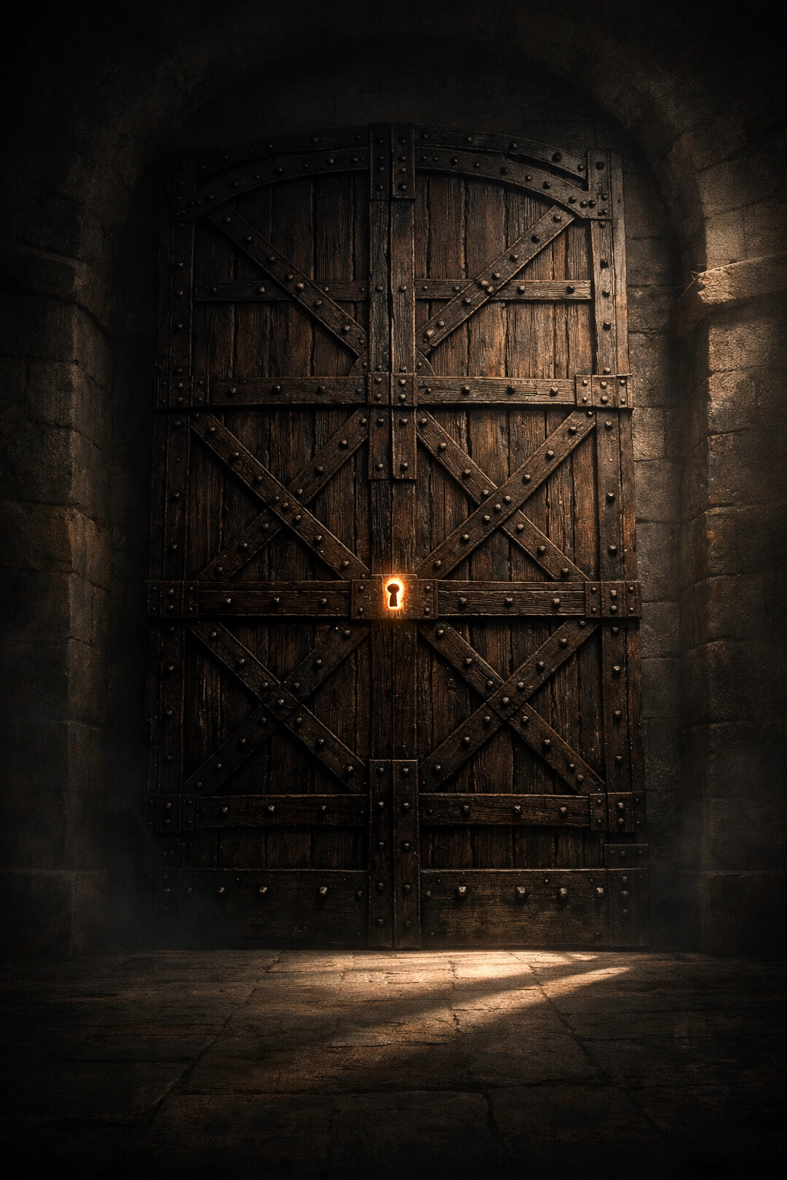 Massive ancient wooden door with iron bands and glowing keyhole in stone corridor