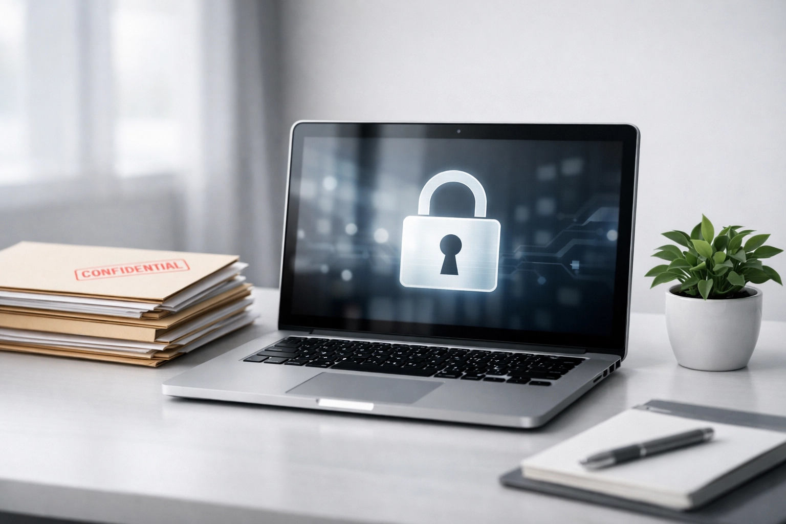 Professional tax office workspace with secure laptop and confidential client folders