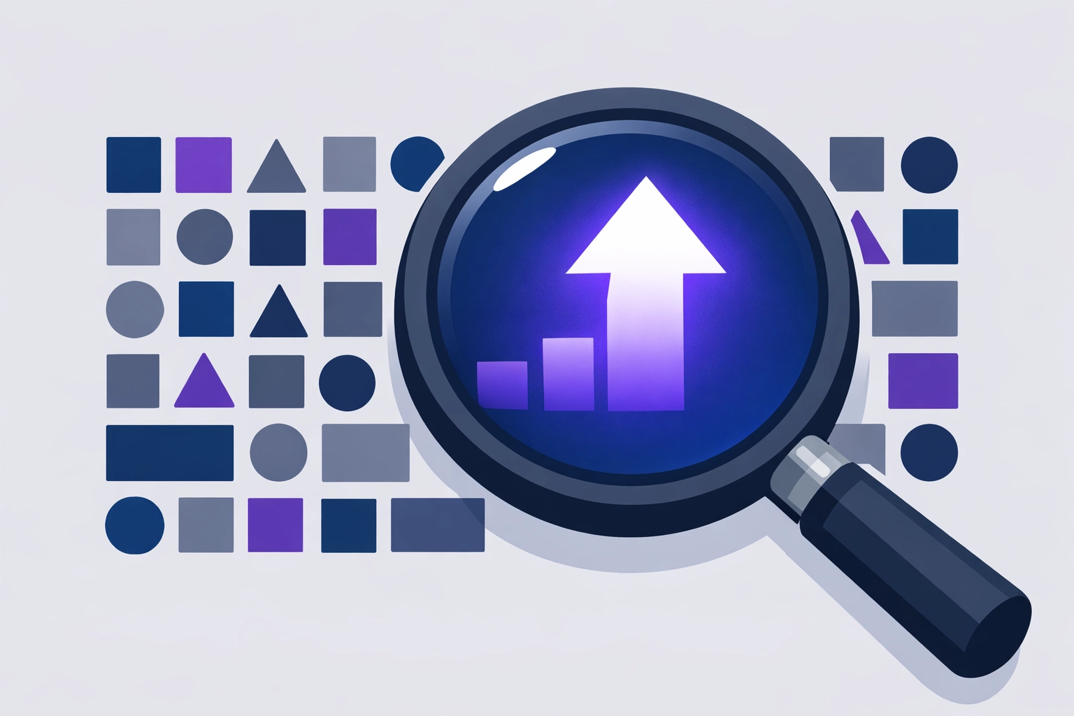 Magnifying glass over data shapes forming an upward arrow to represent clear business growth insights.