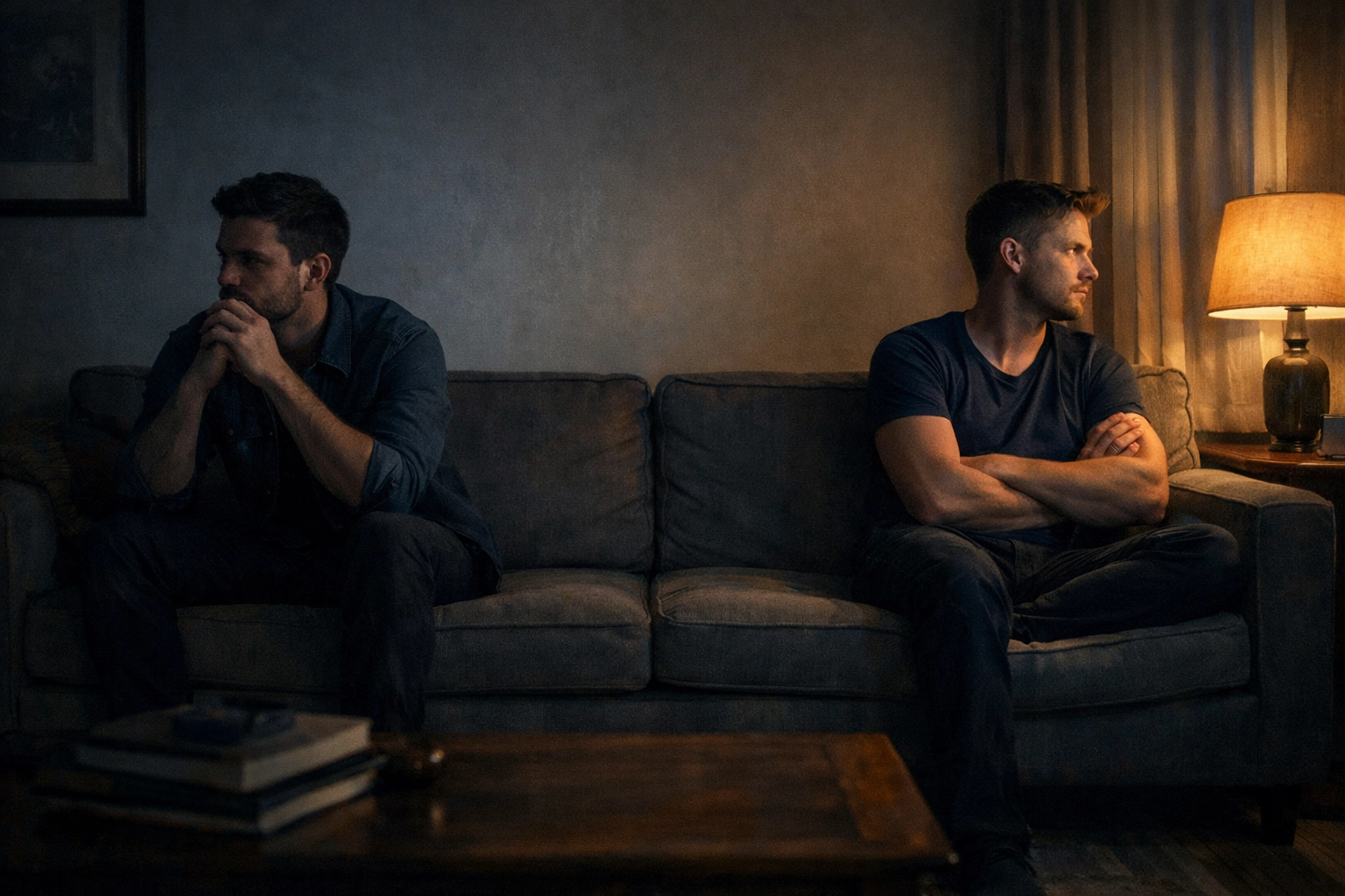 Two men showing emotional distance in modern MM romance depicting love at a crossroads