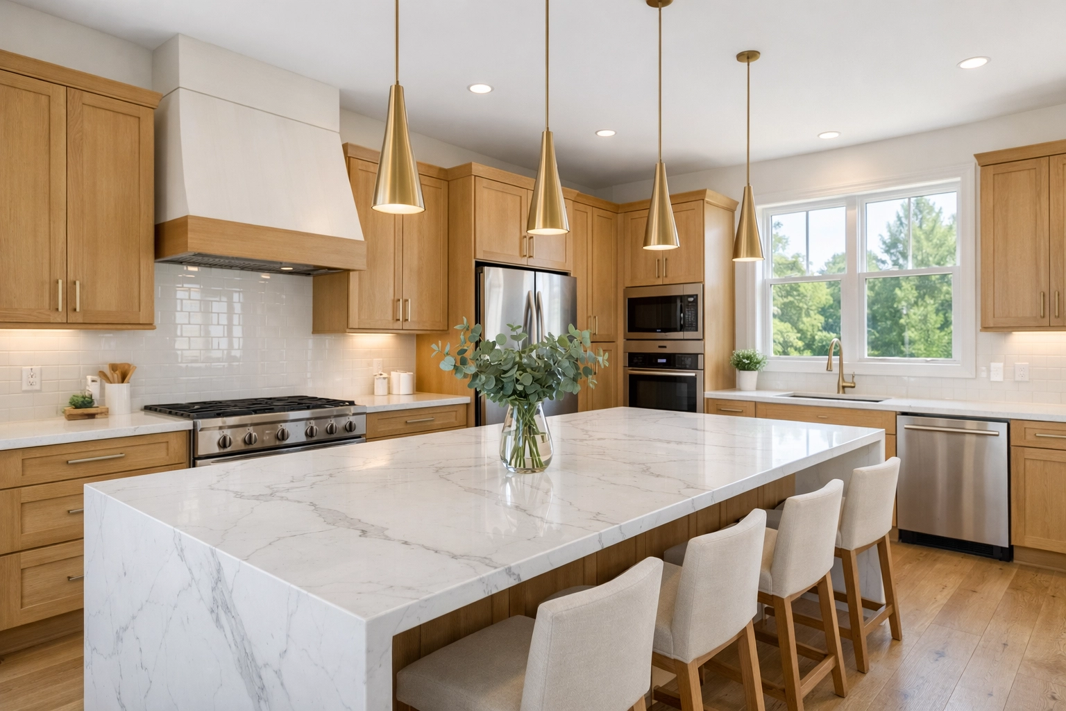 Modern kitchen with white quartz countertops in a brand-new construction home in Triad NC.