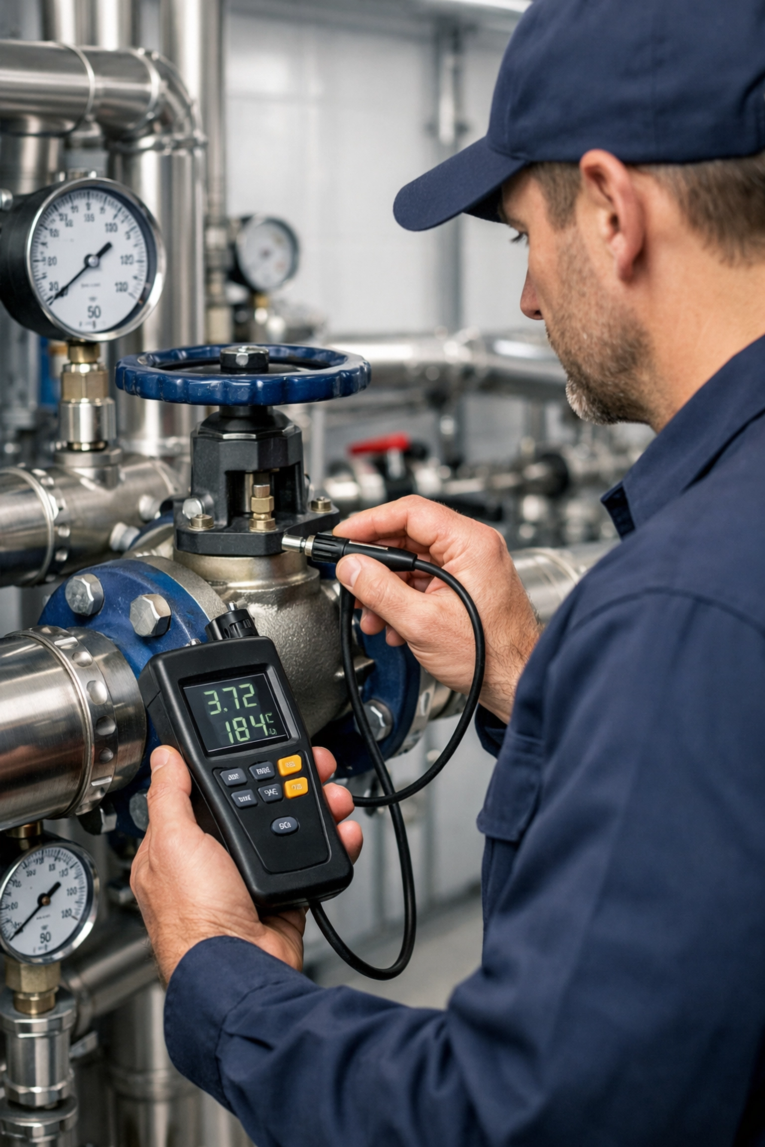 Expert plumber inspecting industrial water pipes with a testing device to prevent environmental pollution.