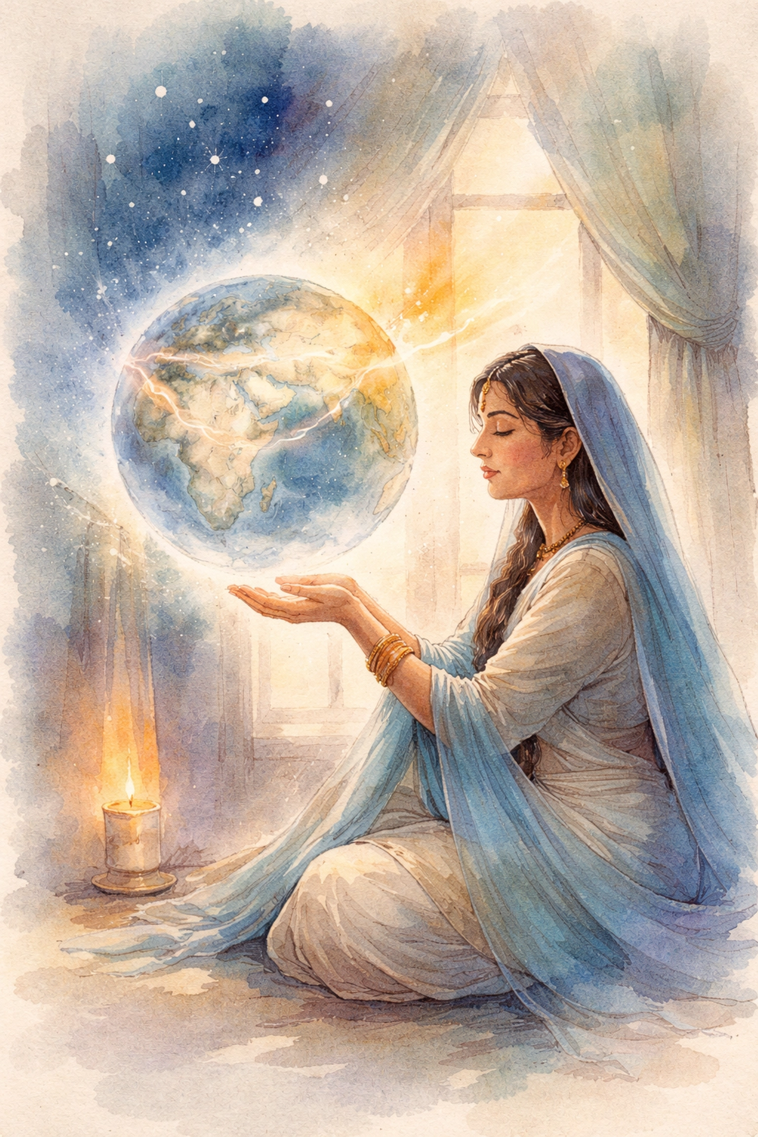Indian woman prays at night while the globe glows above her hands, symbolizing worldwide Christian unity.