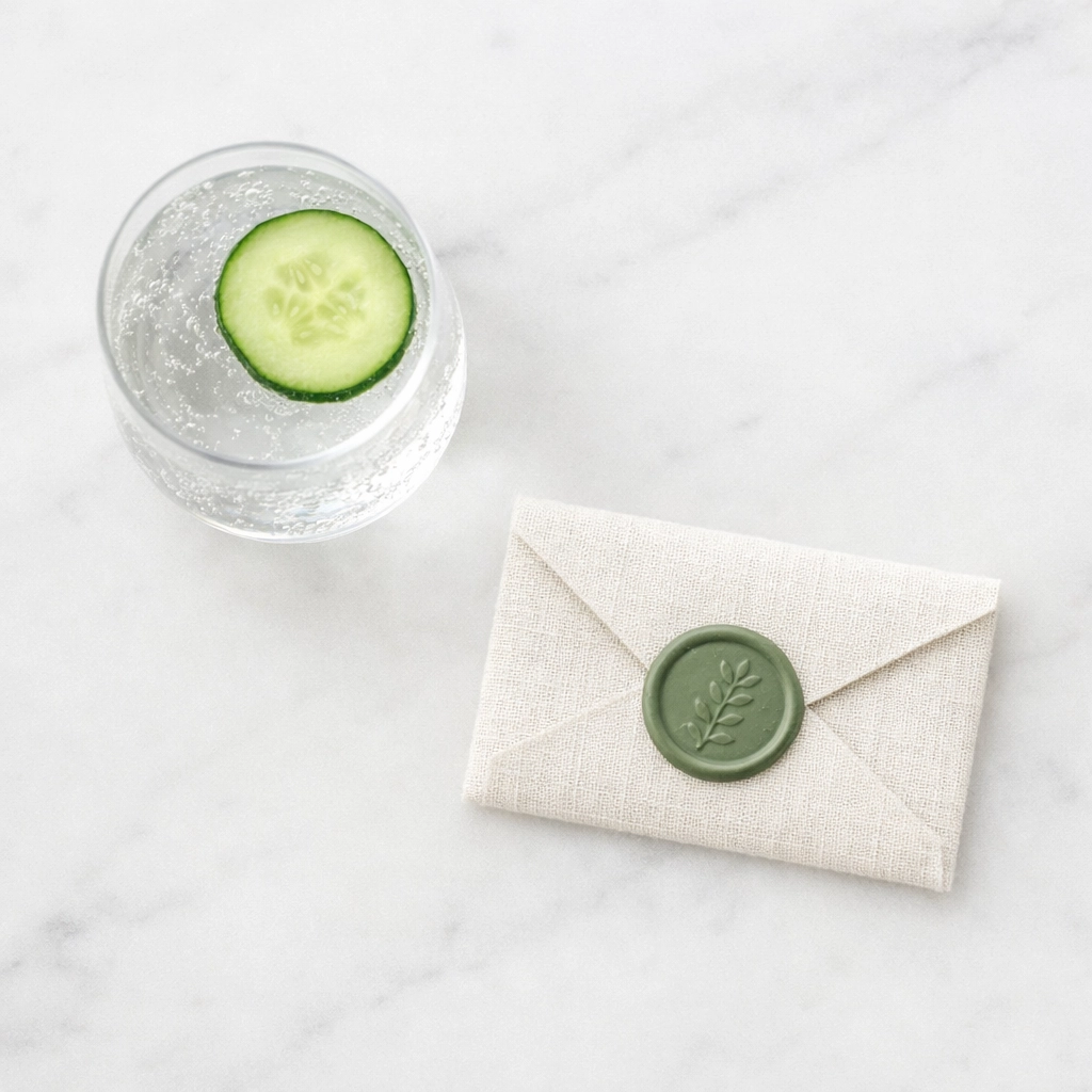 Elegant hotel welcome amenity on white marble, showcasing personalized guest experiences and upsells.