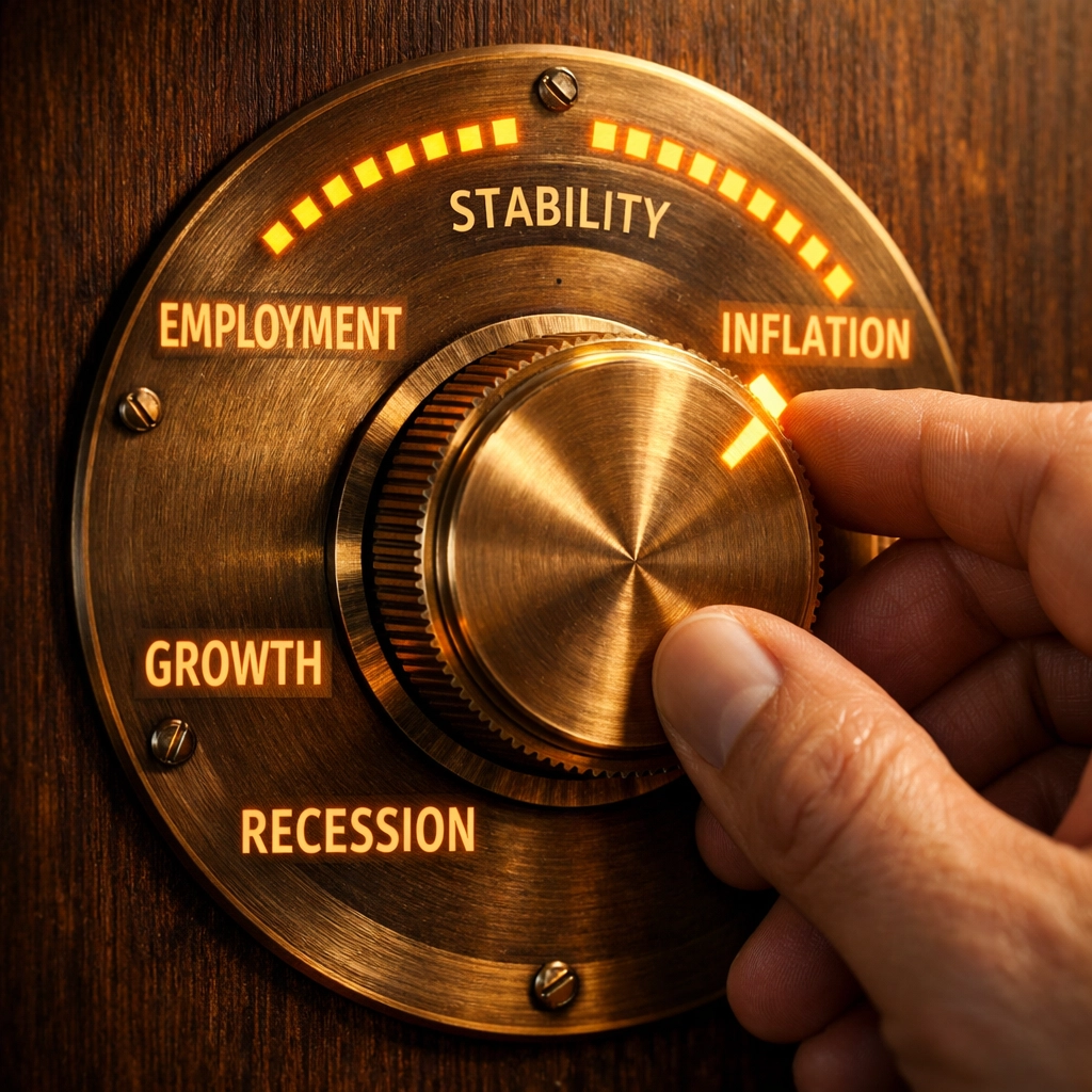 Hand adjusting a financial thermostat dial to manage inflation and employment rates.