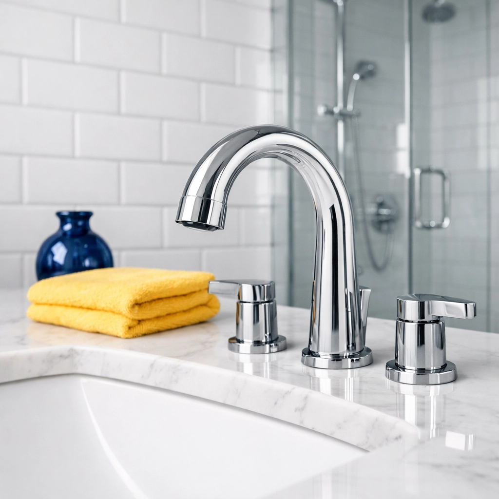 Sparkling clean modern bathroom fixtures after a deep cleaning Lowell service.