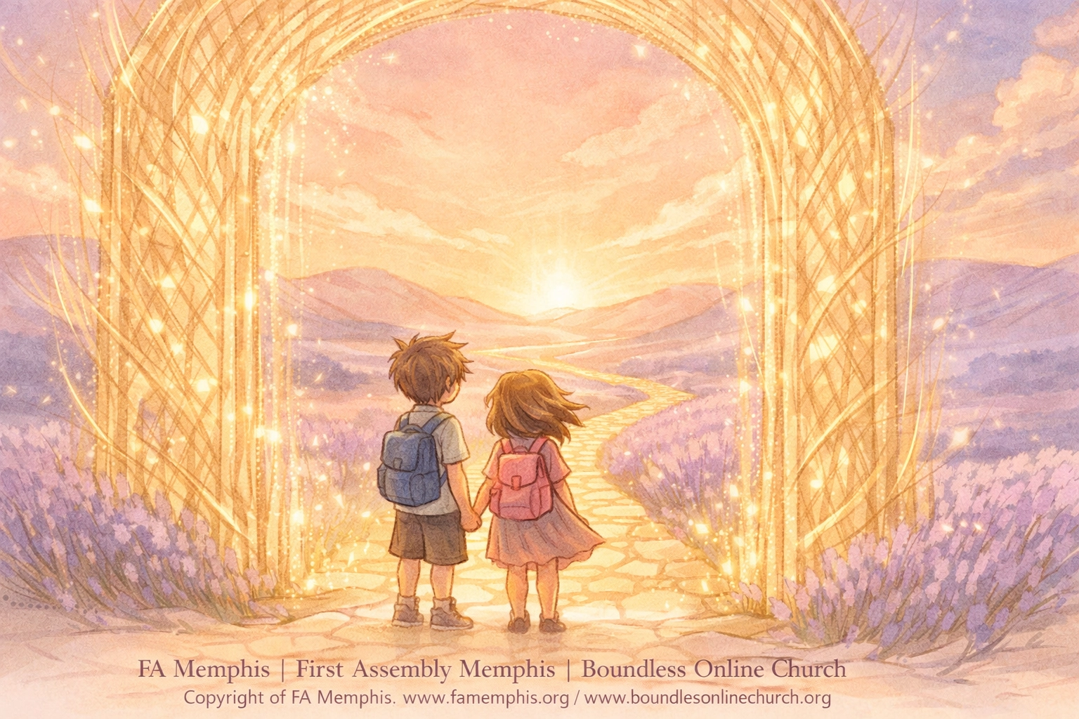 Deux enfants entament un voyage spirituel devant une porte illuminée, symbolisant leur marche avec le Christ.