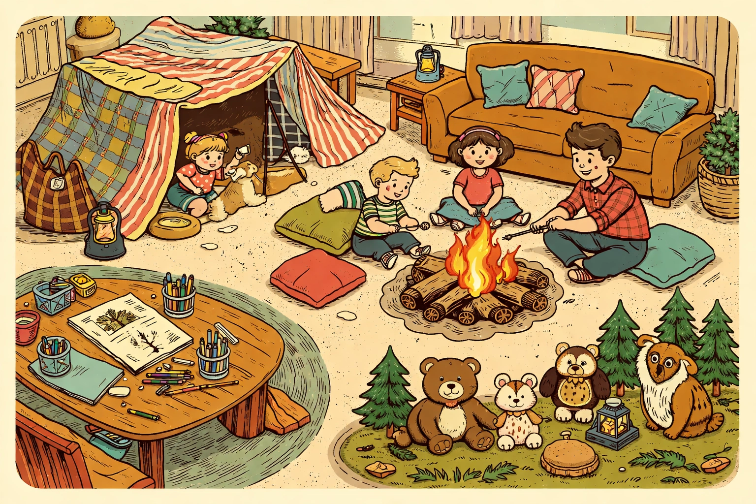 A bird’s-eye view of a living room transformed into multiple indoor camping zones, including a tent and craft station.