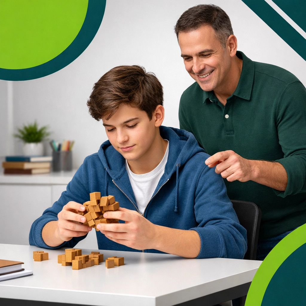 Father acting as a coach while his son solves a challenging puzzle to build critical thinking.