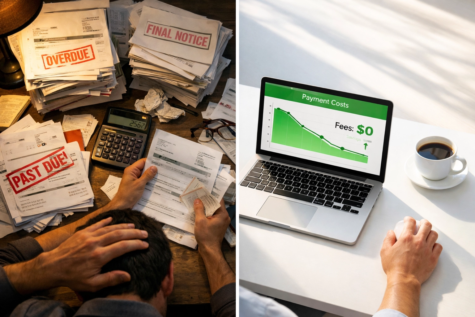 Comparison of cluttered traditional payment fees versus streamlined crypto payment system