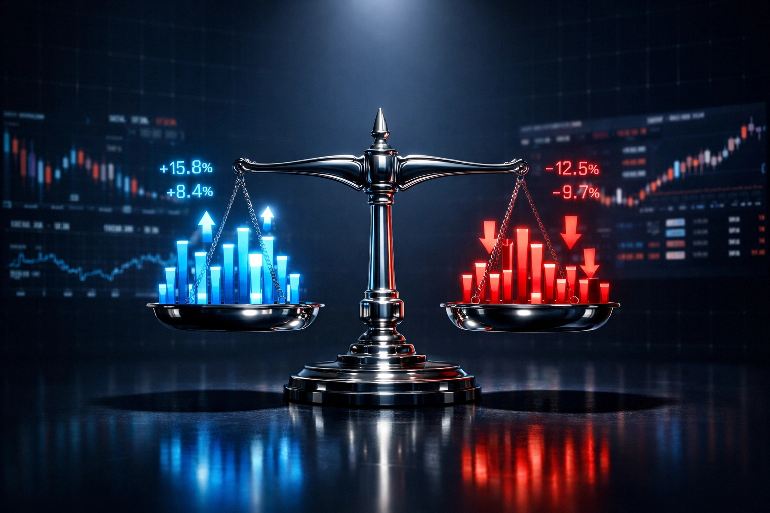 Balanced scale showing market-neutral hedge fund strategy with long and short equity positions