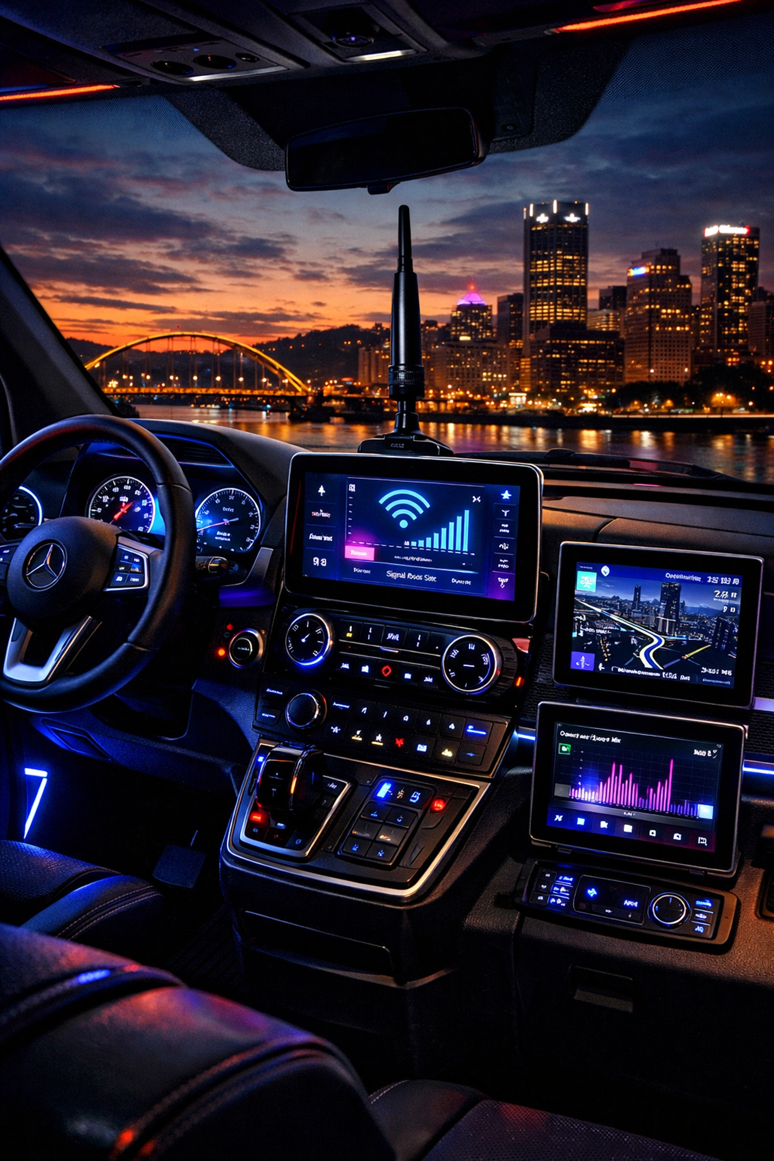 Sprinter van dashboard with LED screens and tech upgrades in Pittsburgh
