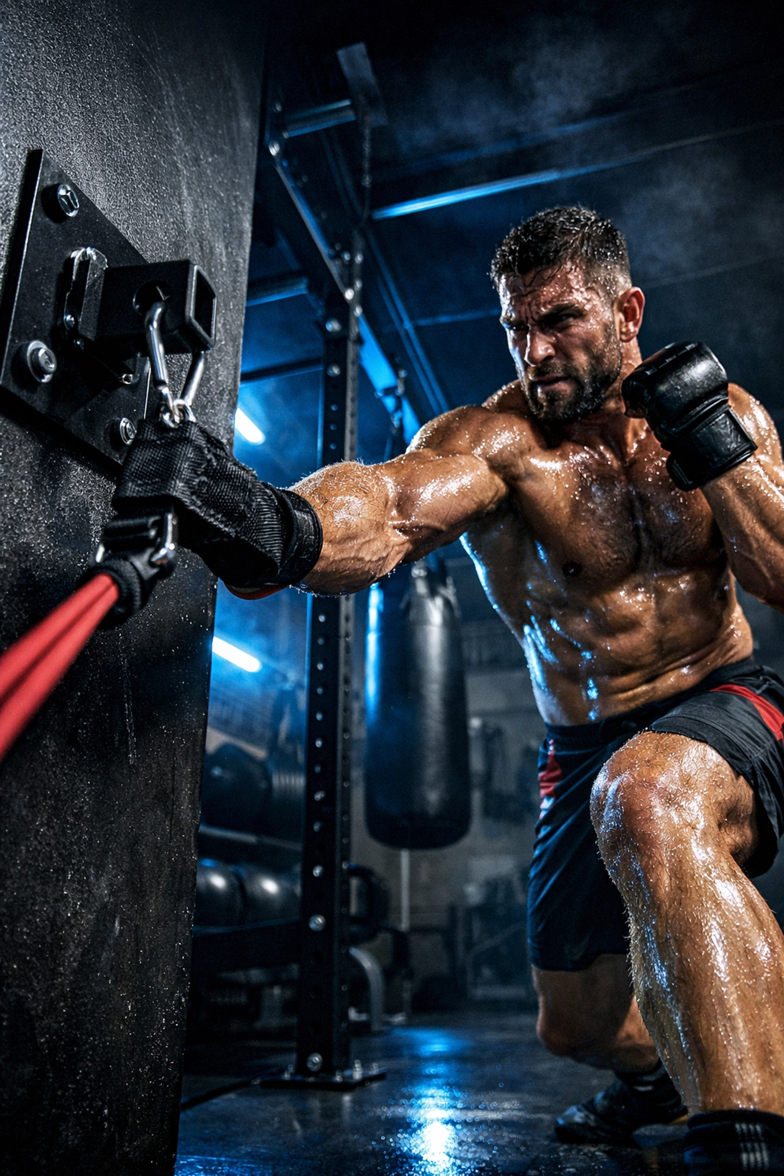 MMA fighter performing a full body workout at home with resistance bands in a CrossFit home gym.