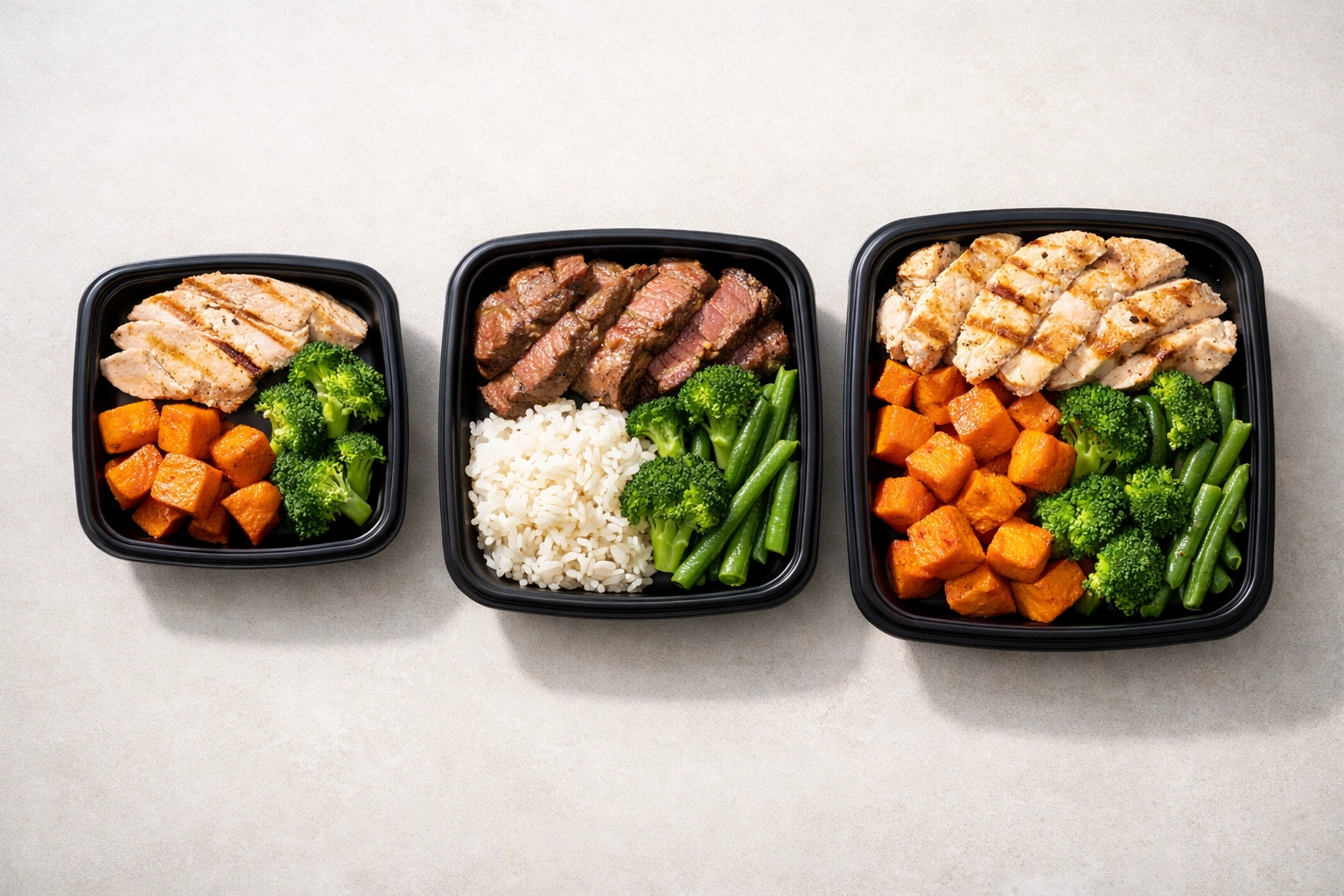 Slim, Standard, and Bulk portion sizes of steak and sweet potato meals for macro precision.