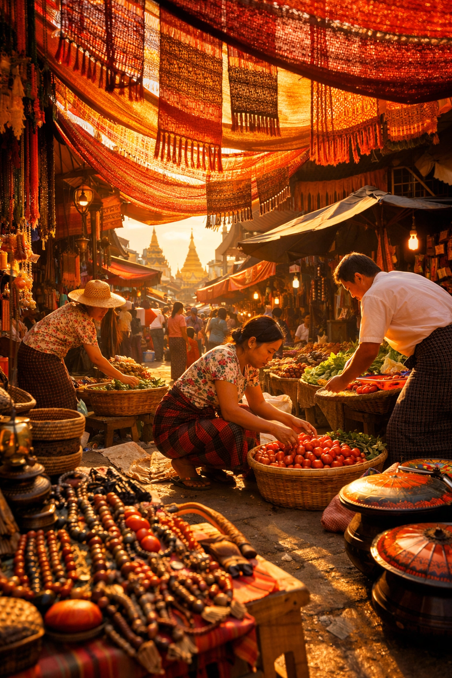 Bustling Myanmar street market with colorful textiles - travel photography destination