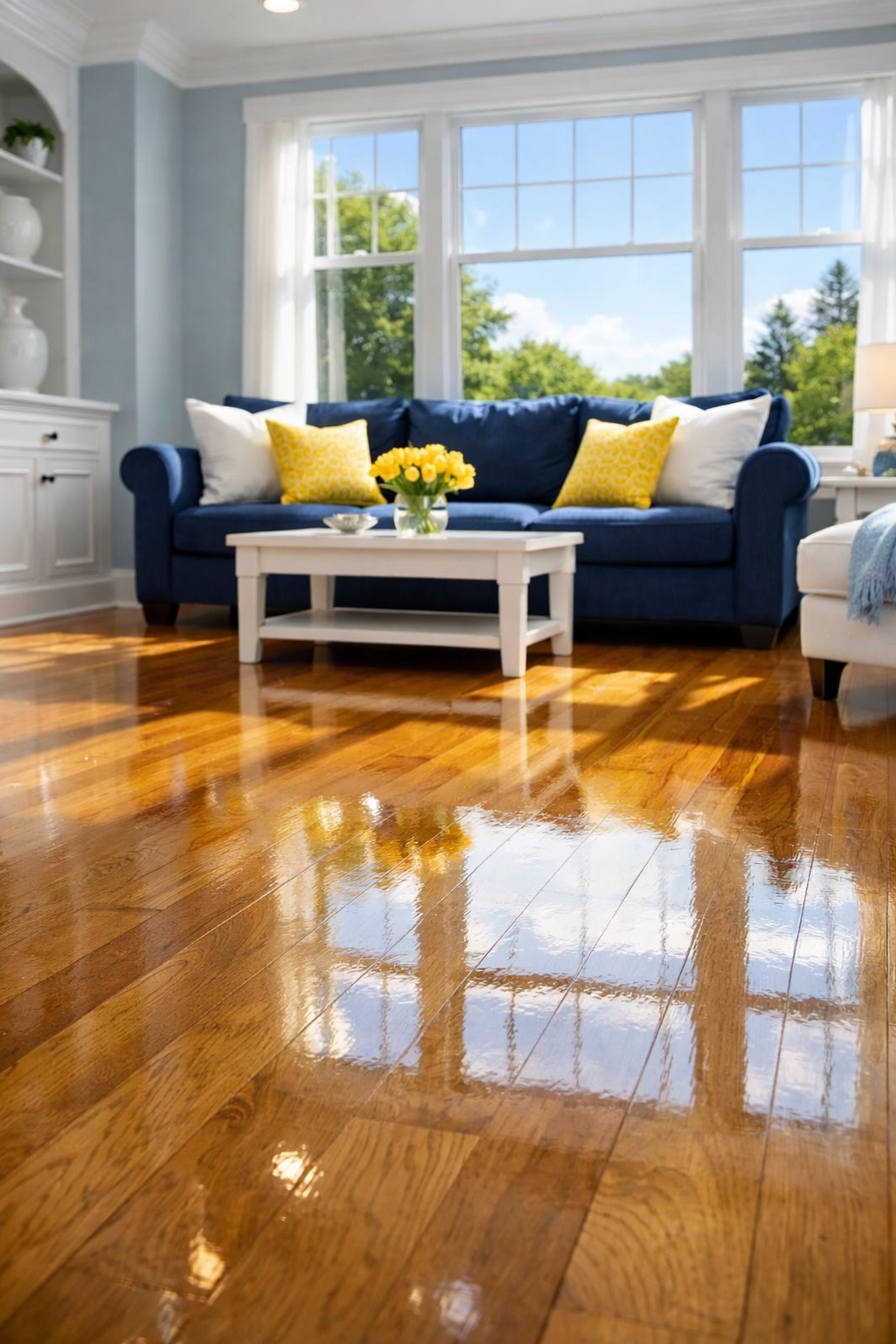 Spotless Ashland living room with polished floors from a professional weekly house cleaning service.