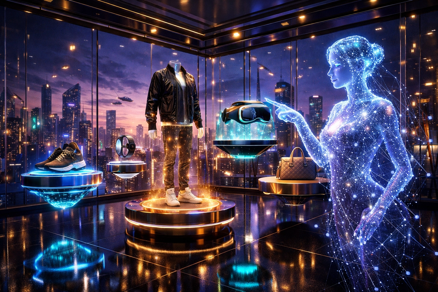 Intelligent AI shopping assistant guiding users through a virtual metaverse boutique using Larecoin.ai technology.