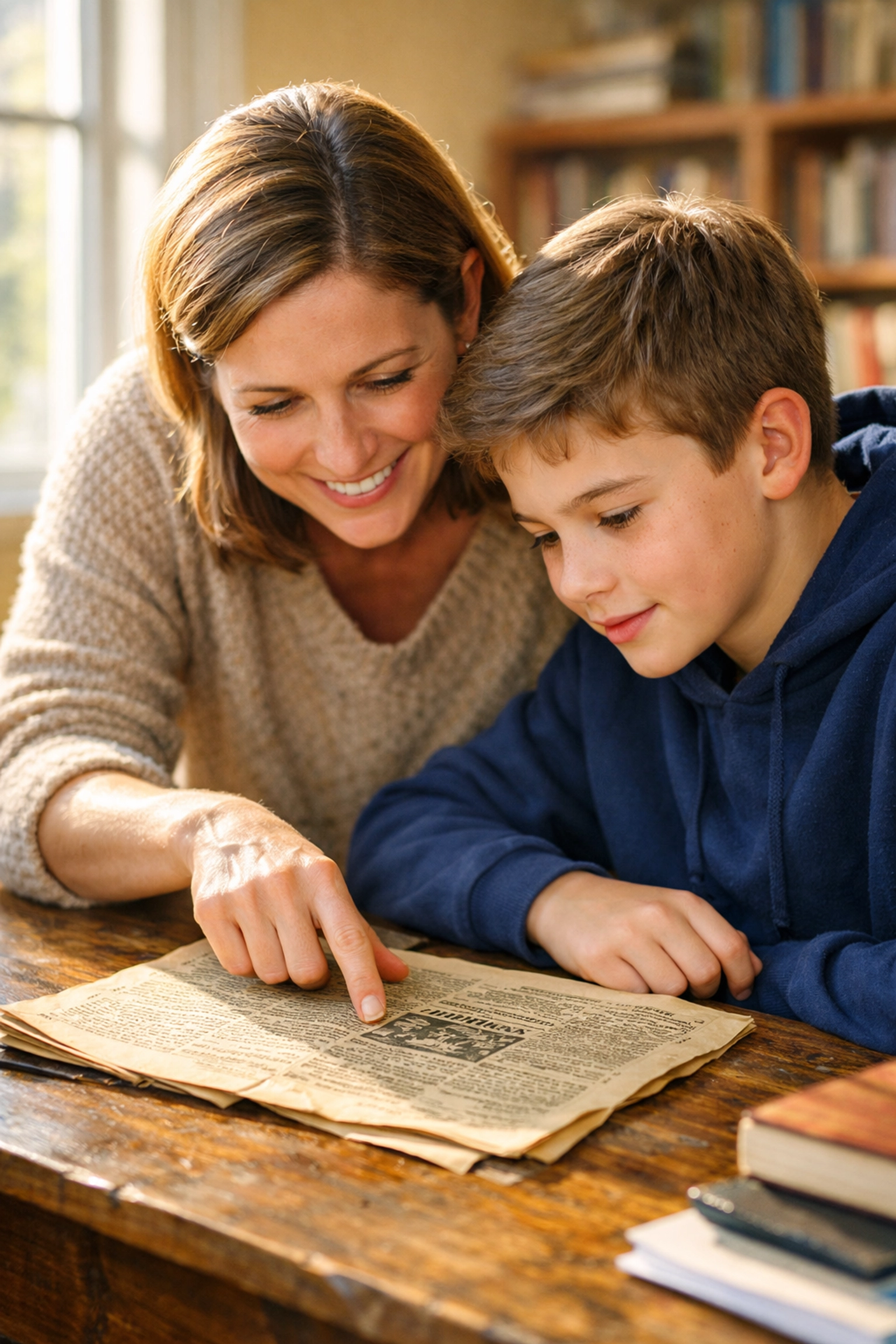 Teacher and student researching the history of the Pledge of Allegiance in a classroom with a vintage newspaper.