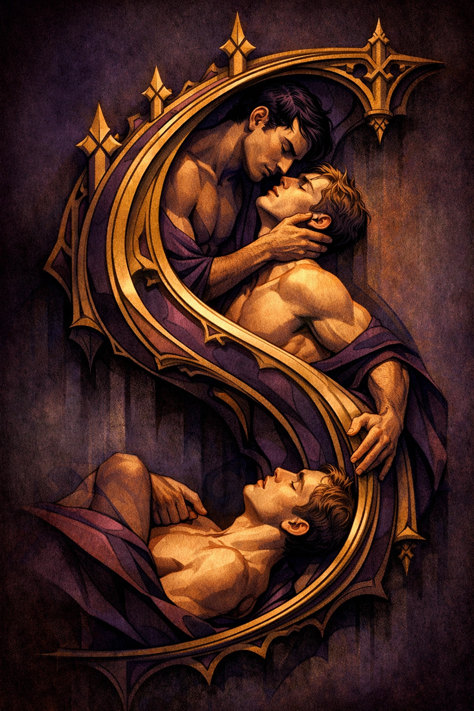 Ogee curve with intertwined figures symbolizing beauty and desire in gay literary fiction