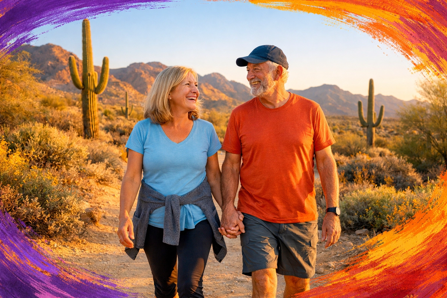 Active adult couple walking desert trail in Peoria Arizona West Valley during golden hour