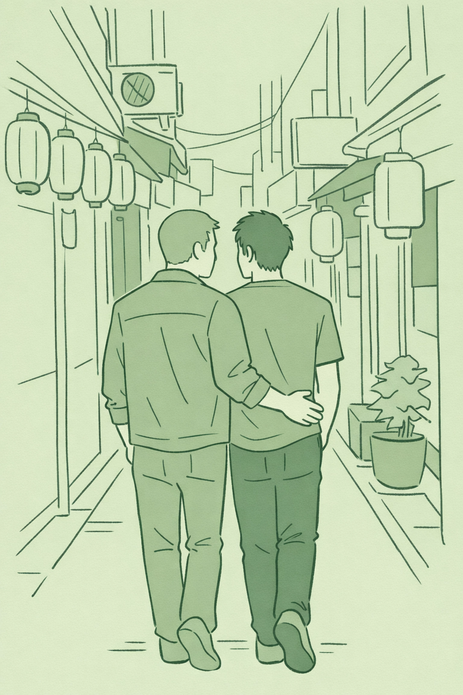 Illustration of a gay couple walking in a Tokyo Shinjuku Ni-chōme alleyway in a muted green style.