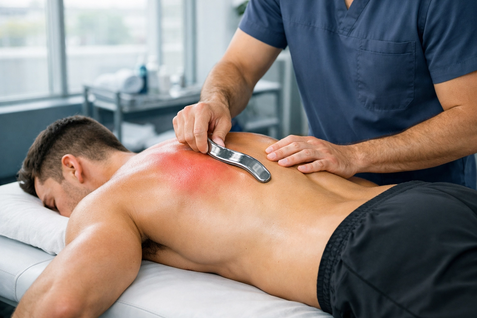 Physical therapist performing IASTM treatment on patient's upper back for post-surgery rehabilitation