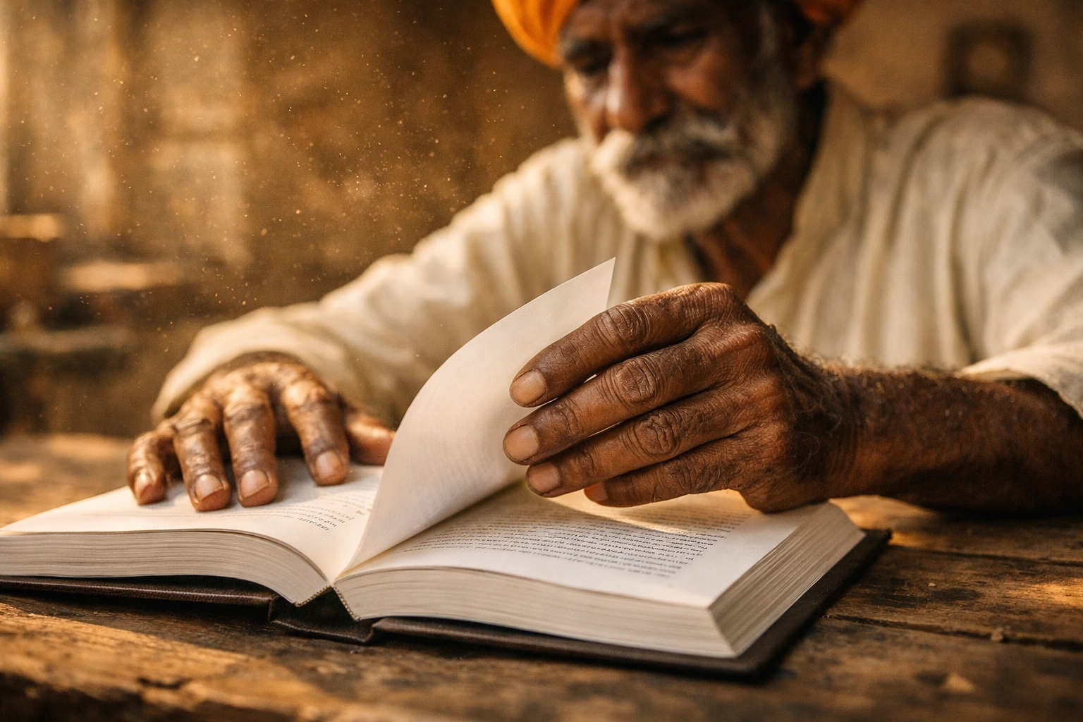 Close-up of an Indian man's hands turning the pages of the first full Hadoti Bible in a sunlit room in Rajasthan.