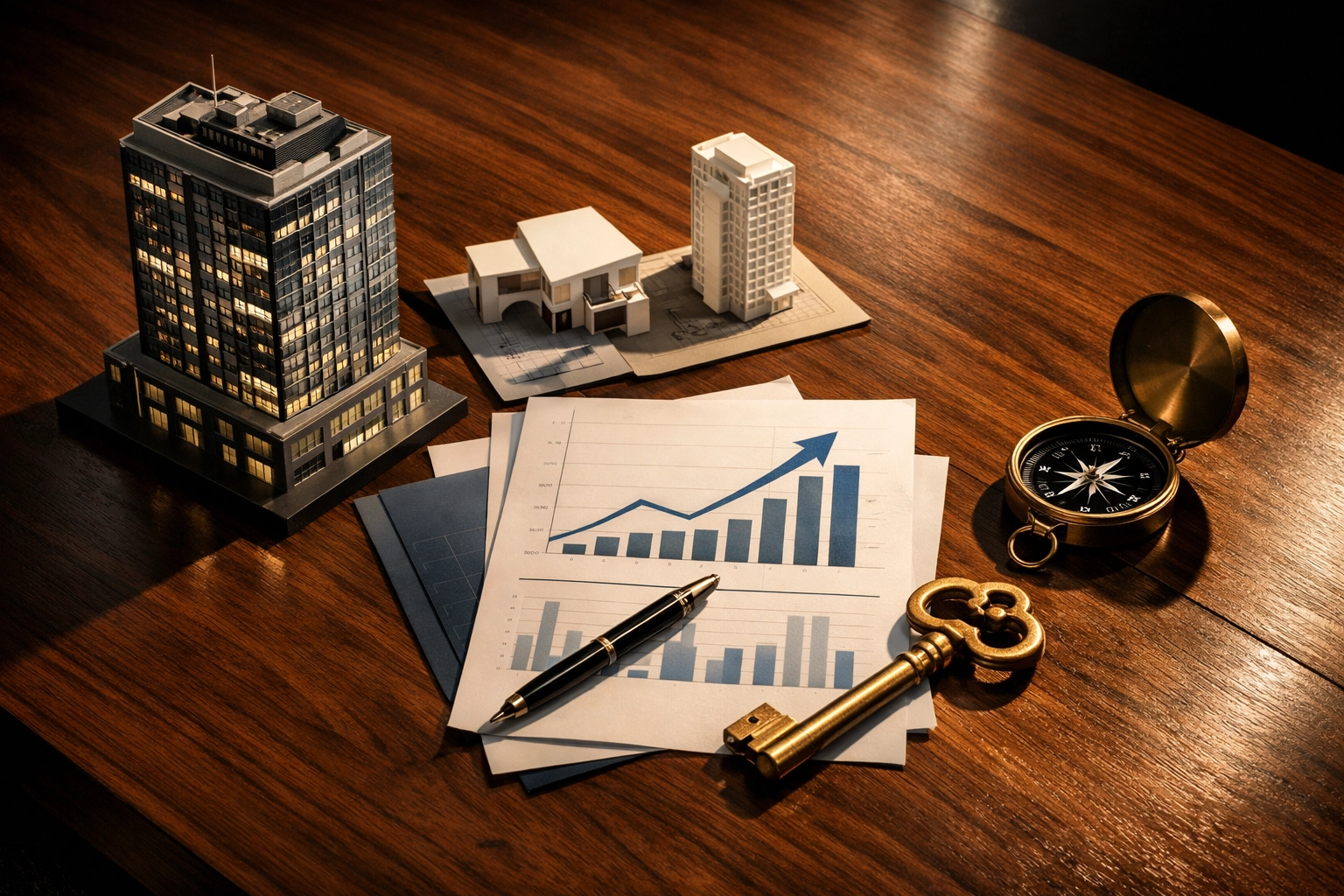 Strategic investment planning with private equity and alternative asset categories arranged on table