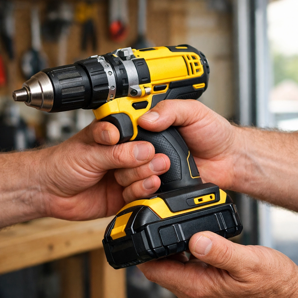 Close-up of a power tool rental exchange, showing the trust-based item sharing on Chartrflex.