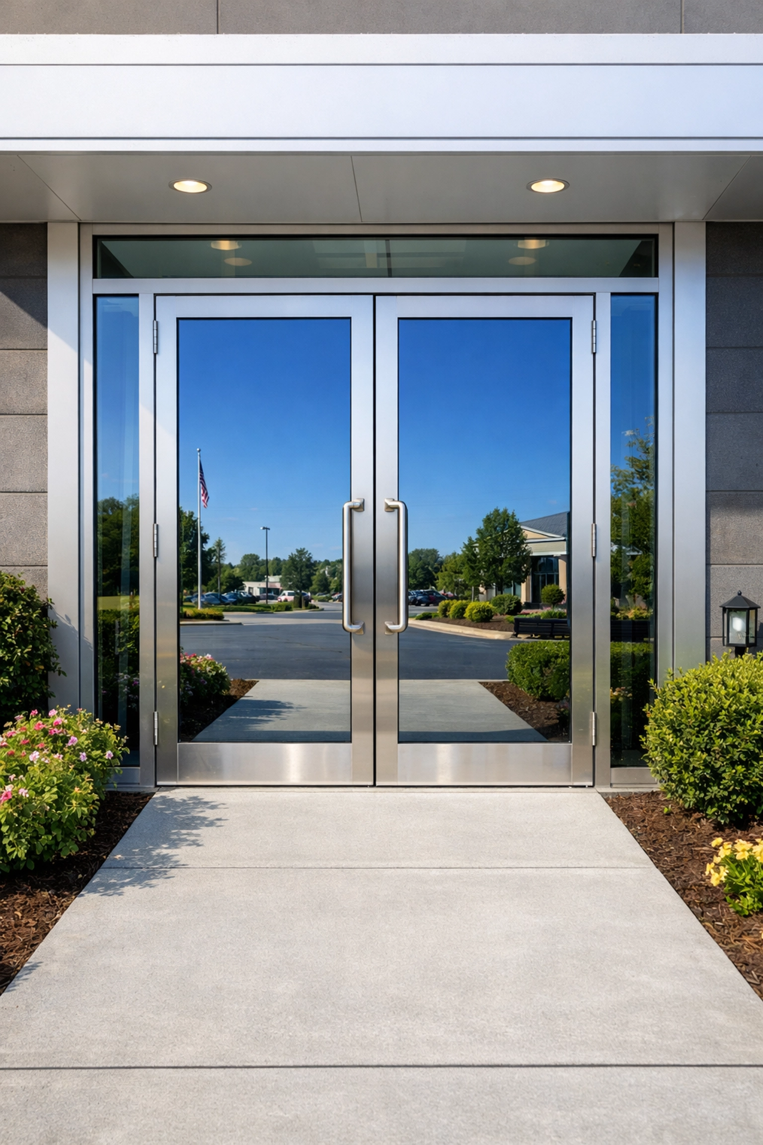 Clean glass entrance of a Leominster commercial building showcasing expert janitorial services.