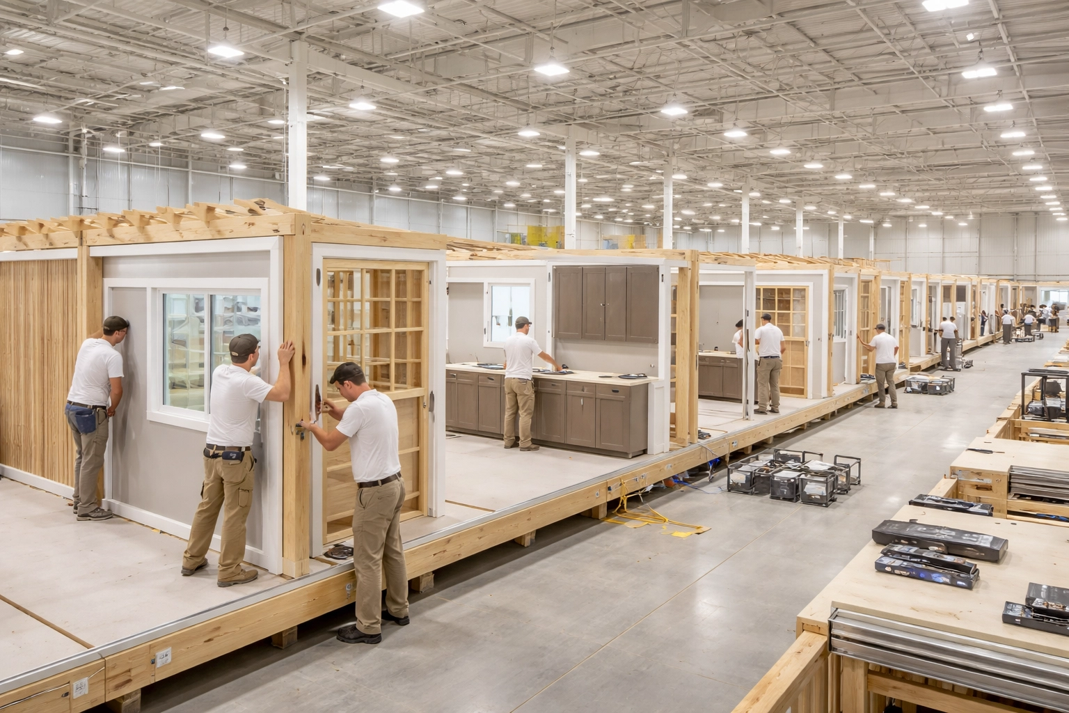 Workers building manufactured homes in factory showing efficient construction process