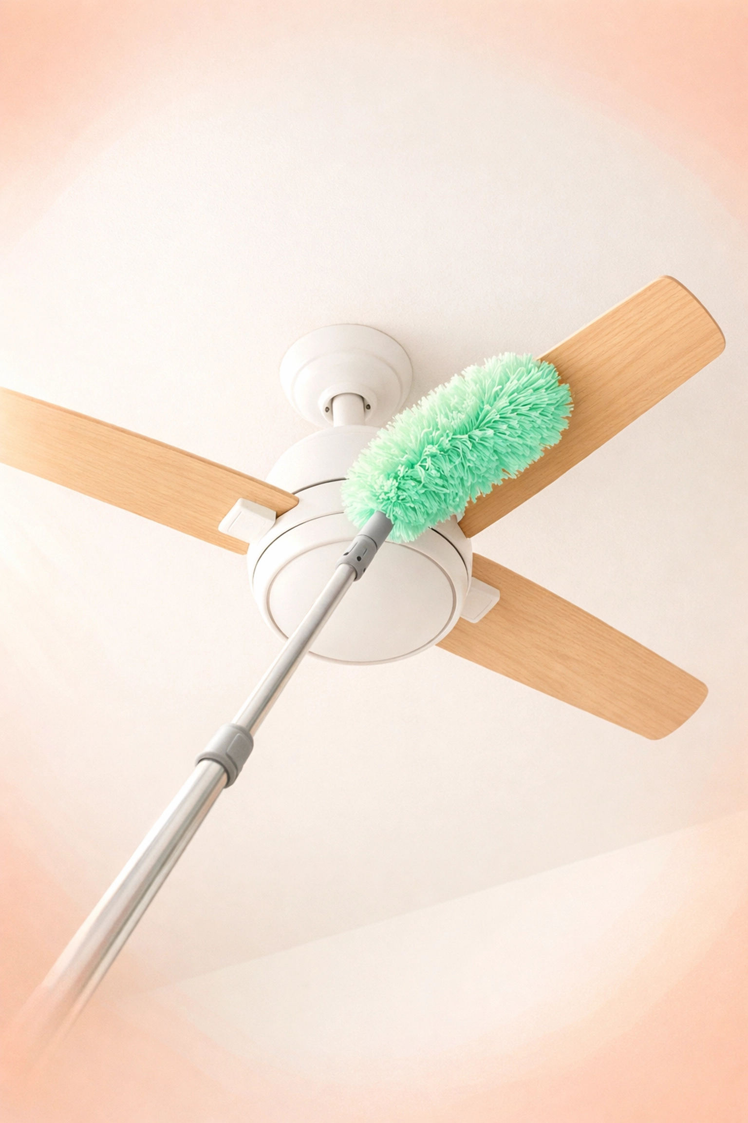 Using a duster to clean a ceiling fan during a move out cleaning service in Waterloo IA.
