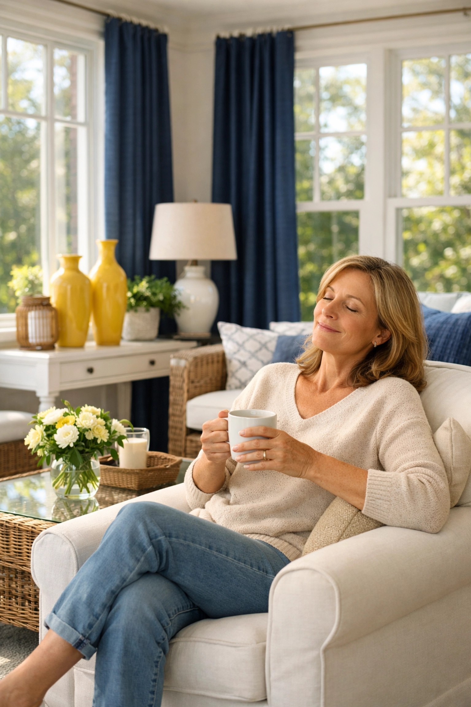Homeowner enjoying a stress-free, pristine sunroom after a total deep cleaning MA reset.
