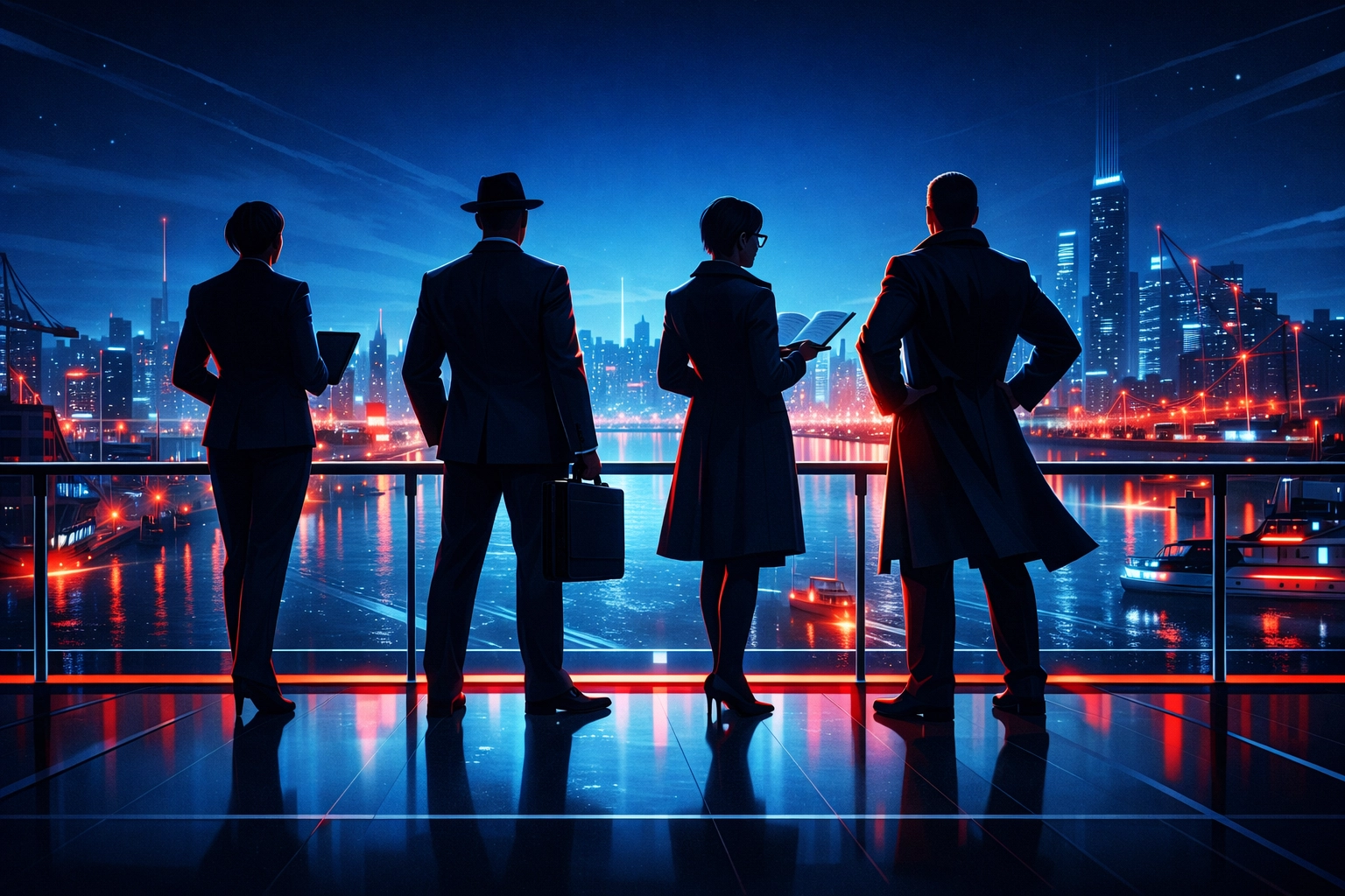 Four professional silhouettes representing private sector entities like trust and banker roles in Admiralty.