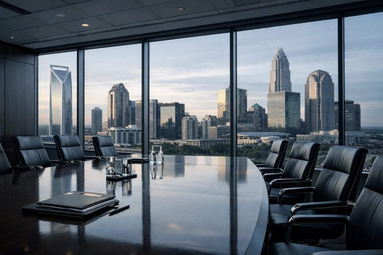Charlotte skyline view from a boardroom where business brokers discuss market-based valuations.