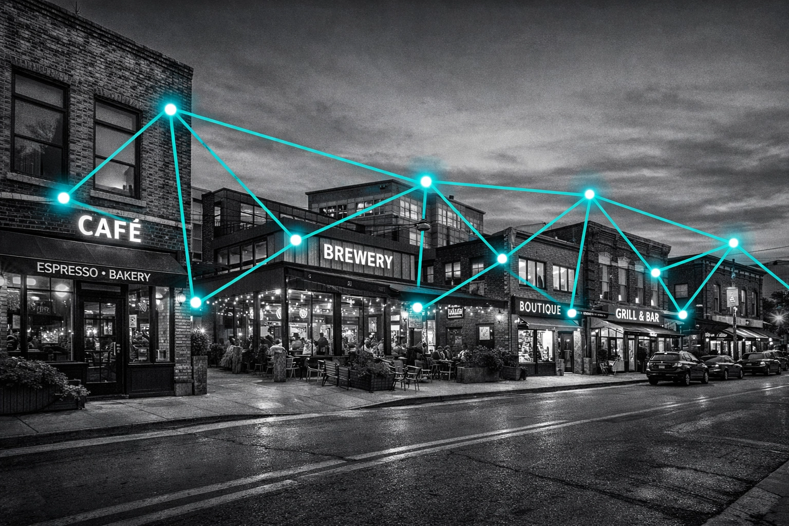 Connected local business storefronts demonstrating backlink strategy and digital marketing for trades.