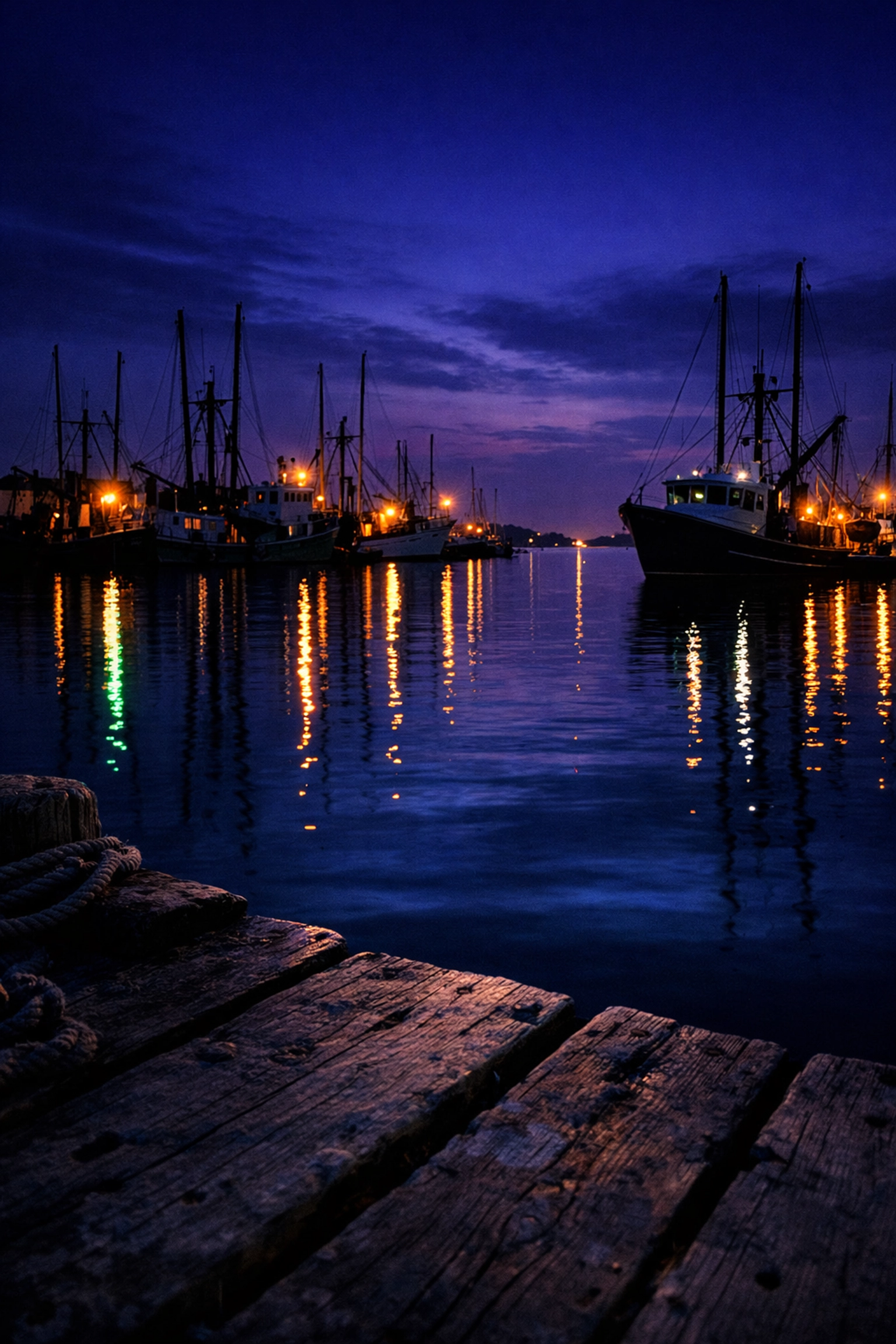 Gloucester Harbor at night with boat masts reflected in the water near Gloucester waterfront hotels.