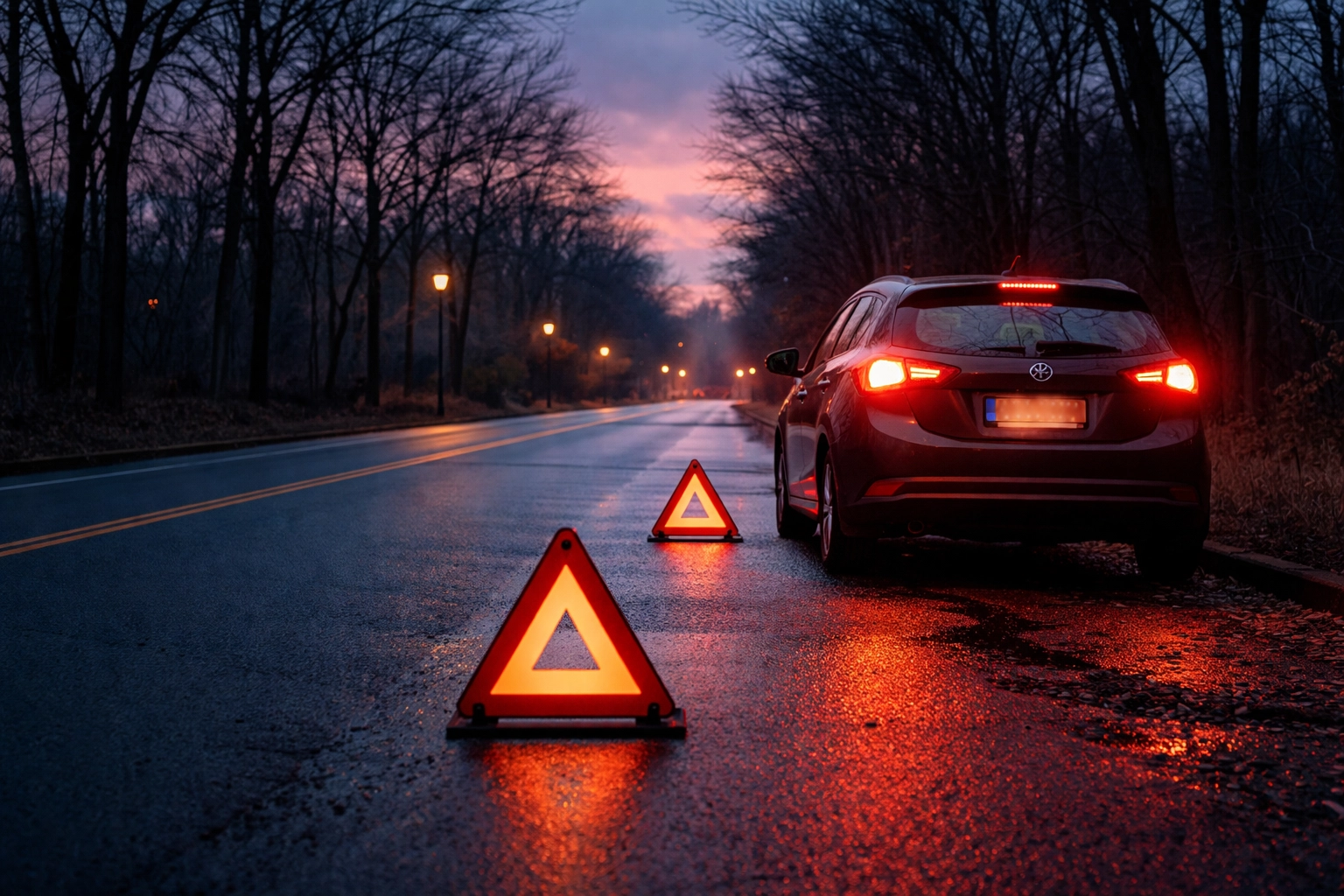 Car safely parked on suburban road shoulder at dusk with reflective emergency triangles