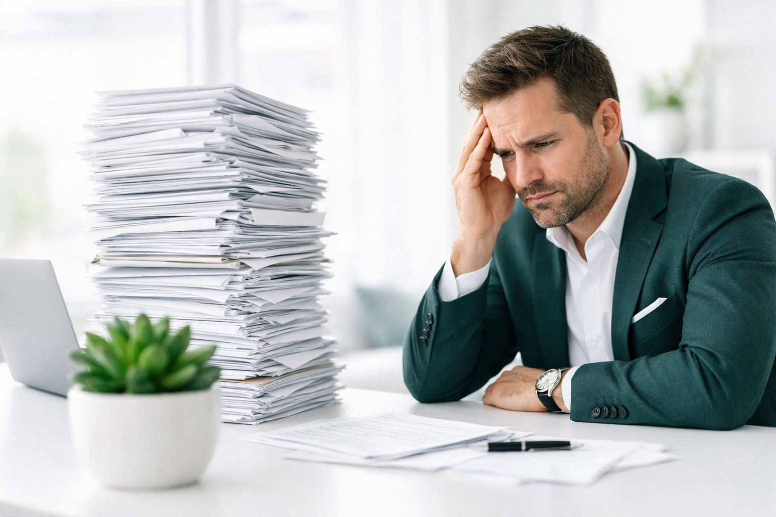 An investor overwhelmed by stacks of tax paperwork required for a traditional bank mortgage loan.