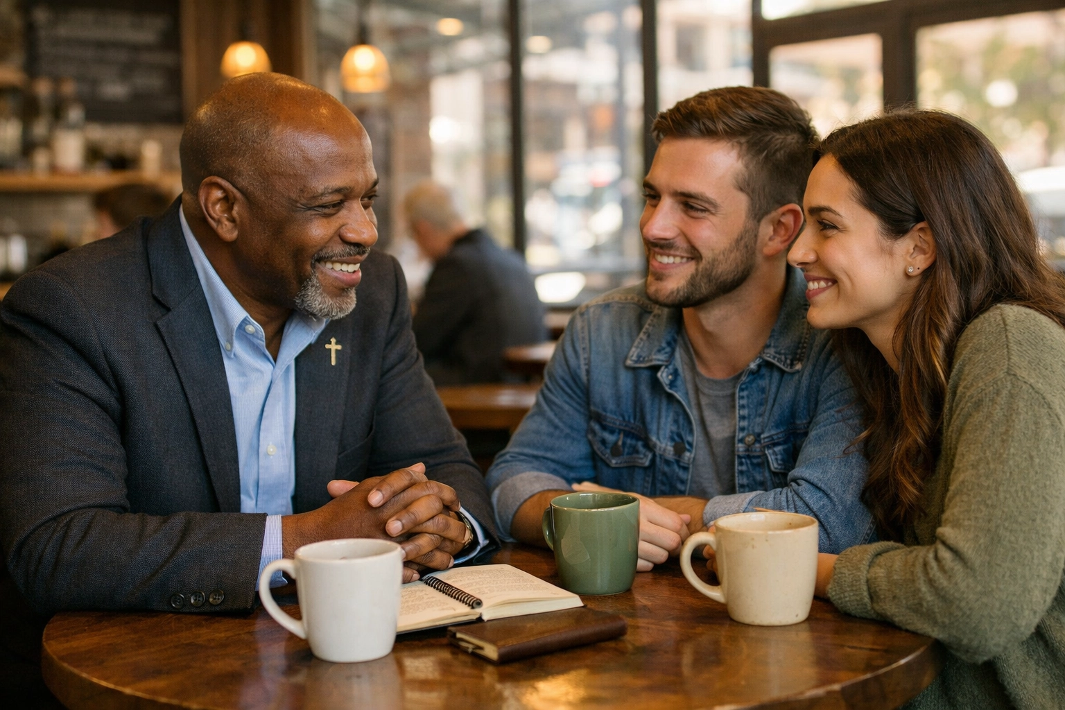 Pastor building relationships with church guests over coffee meeting