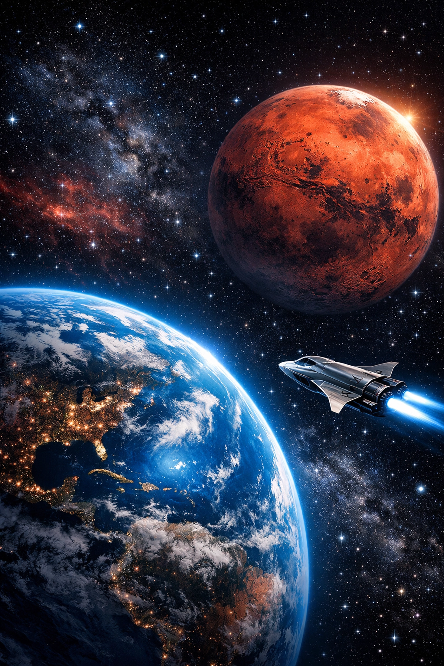 Spacecraft traveling between Earth and Mars representing NASA space exploration mission